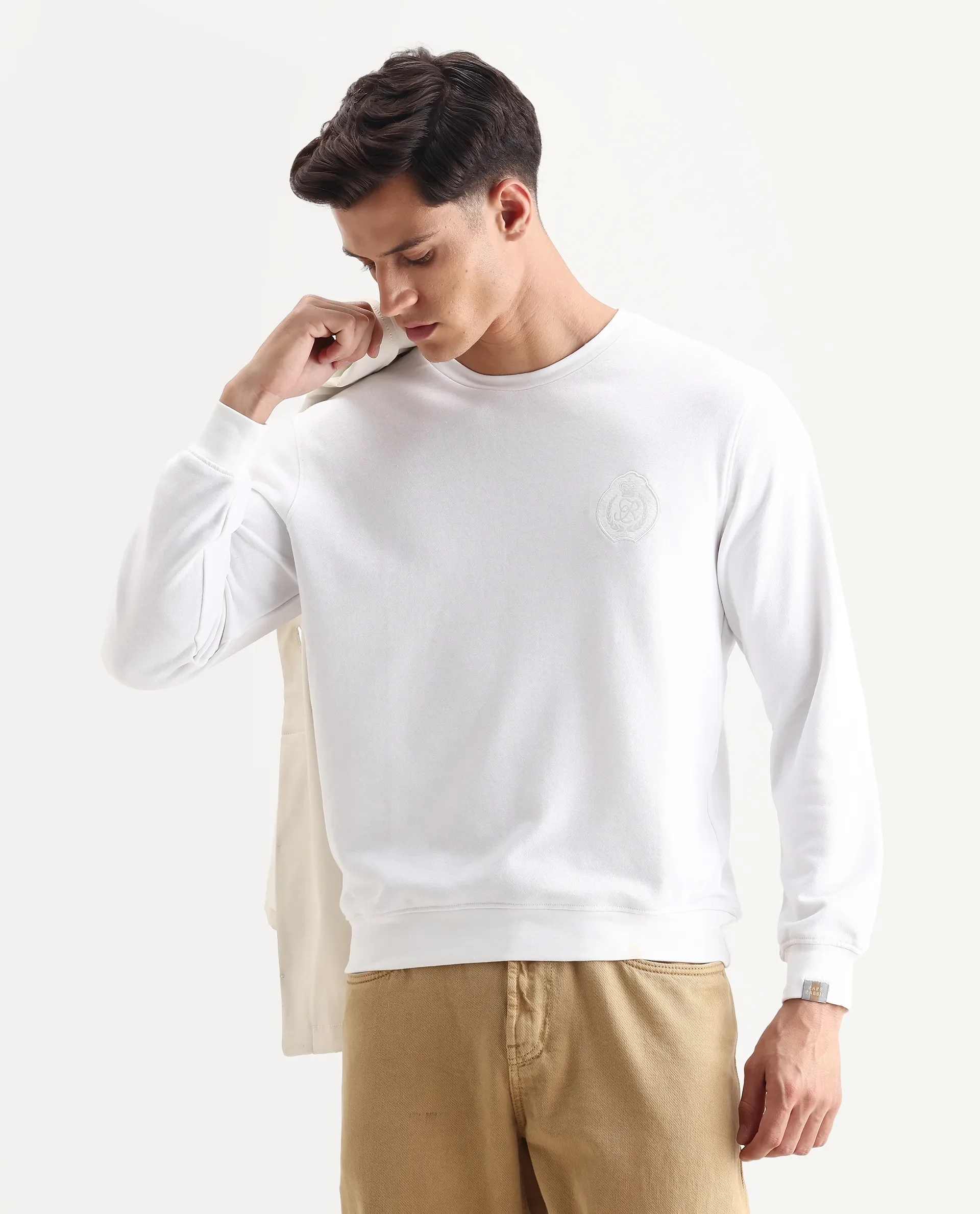 Rare Rabbit Men's Smog White Cotton Embroidered Regular Fit Full Sleeve Crew Neck Sweatshirt