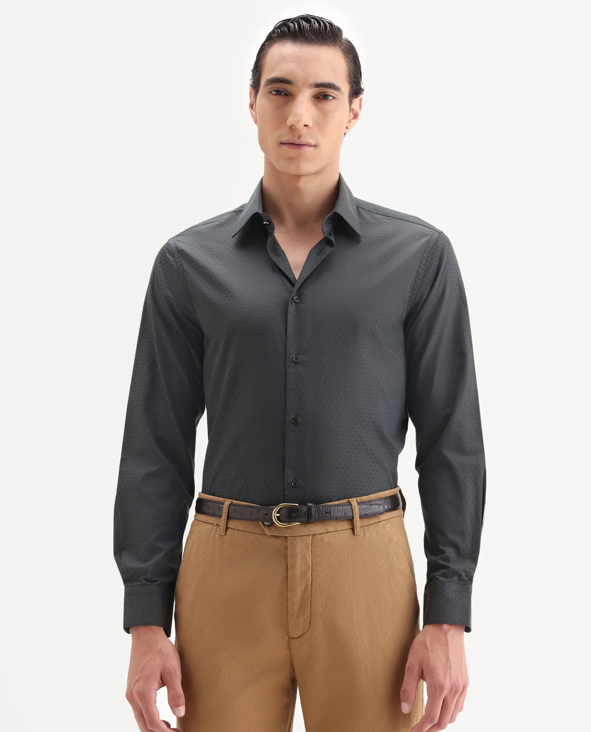 Rare Rabbit Men's Sner Dark Purple Cotton Fabric Collared Neck Regular Fit Jacquard Shirt