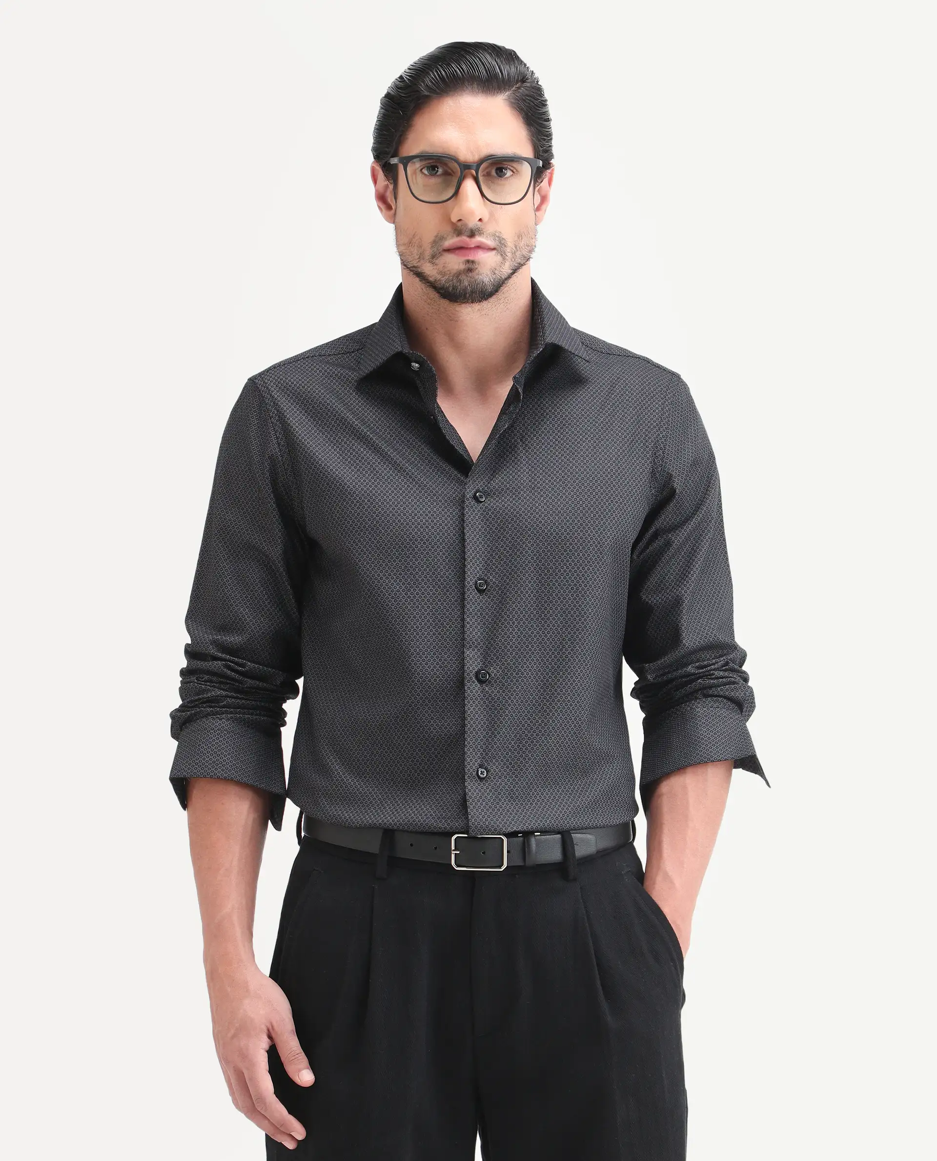 Rare Rabbit Men's Soga Black Cotton Fabric Full Sleeve Spread Collar Button Regular Geometric Print Shirt
