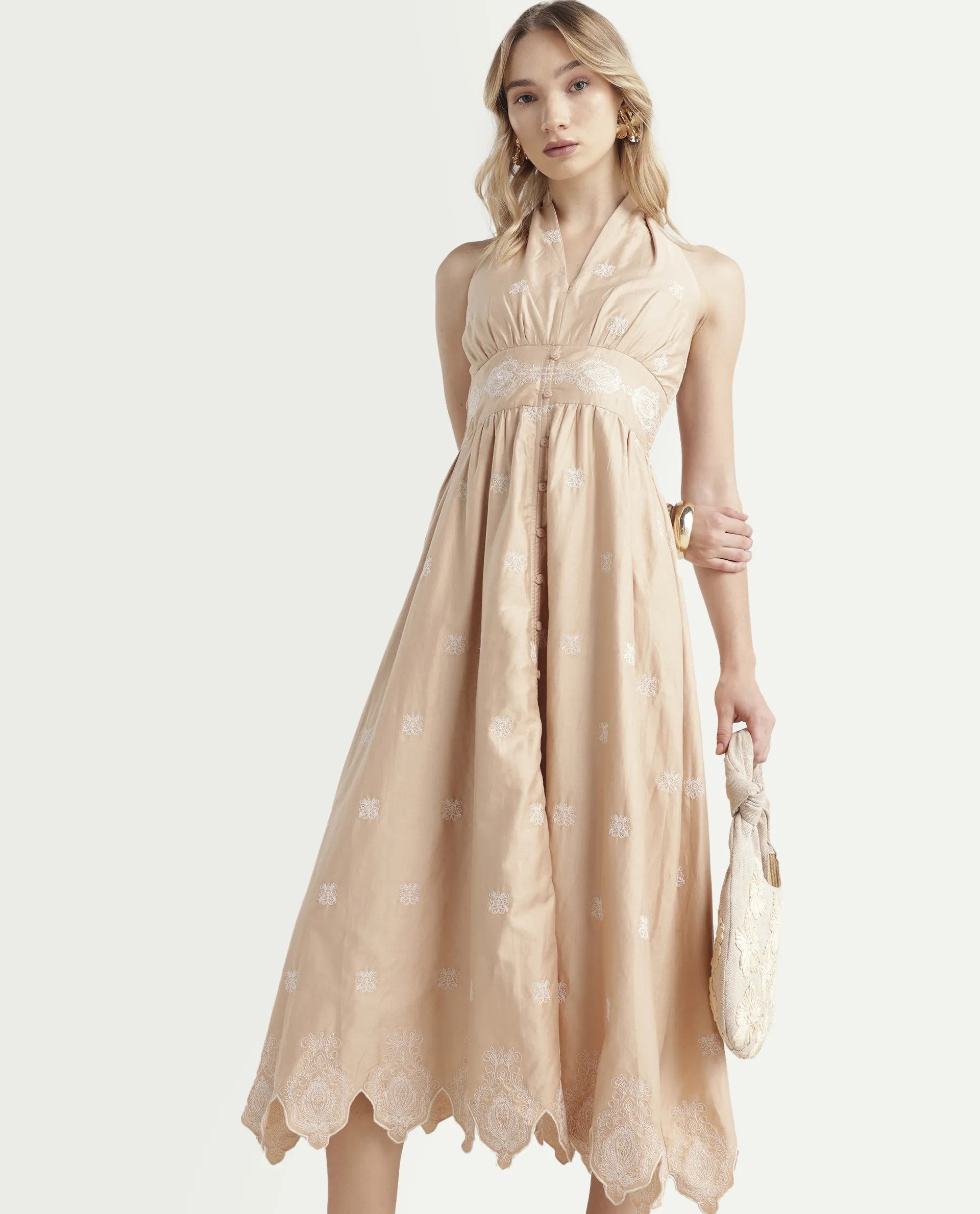Rareism Women's Somaxa Beige Cotton Halter Neck Plain Sleeveless Midi A-Line Dress