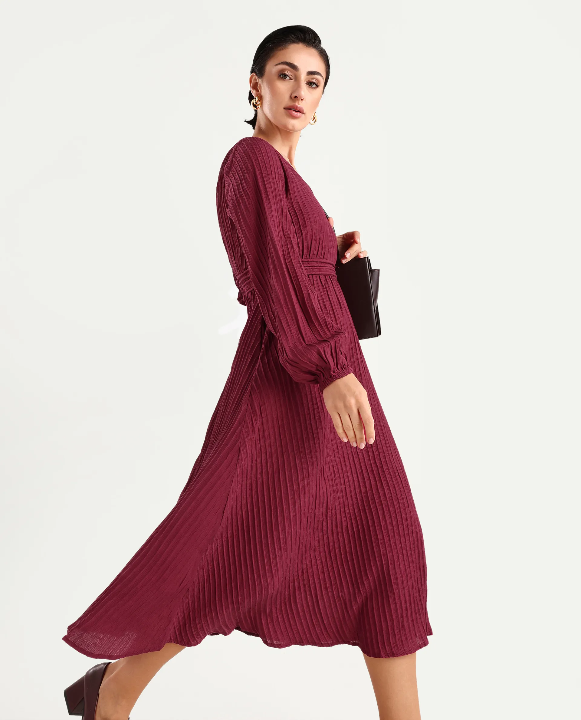 Rareism Women's Somiki Dark Red Polyester Blend V-Neck Plain Bishop Sleeve Midi Flared Dress