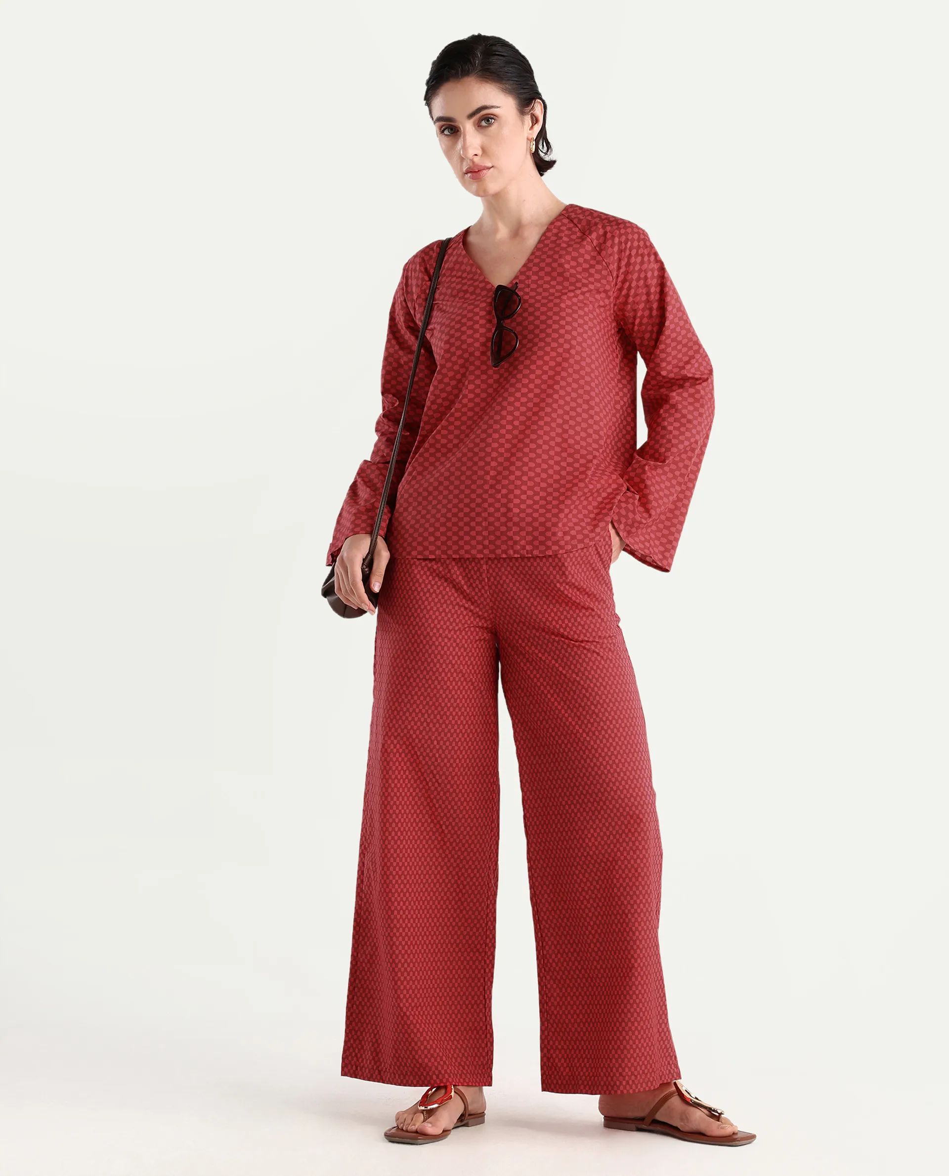 Rareism Women's Somkyu B Red Cotton Geometric Print Ankle Length Wide Trouser