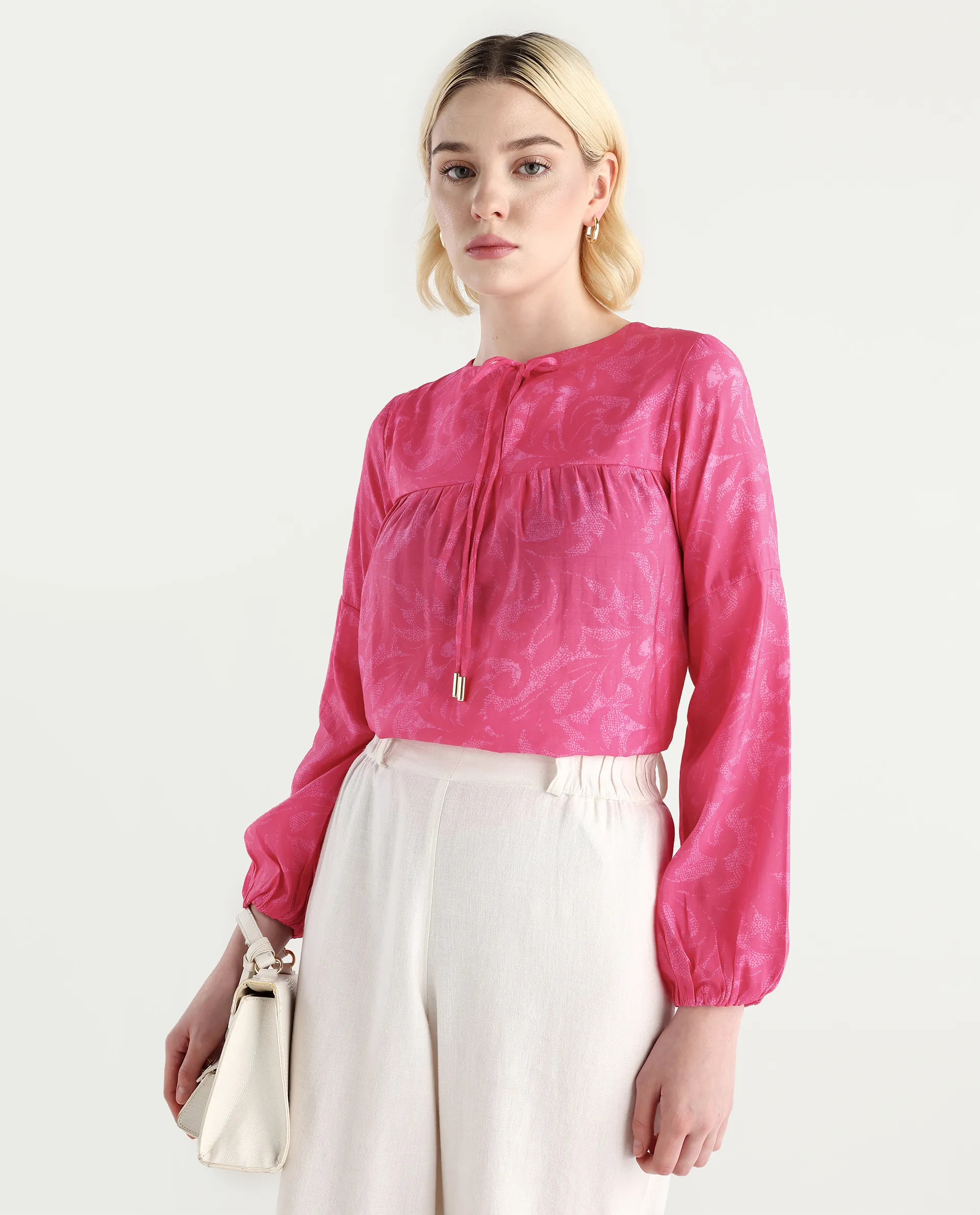 Rareism Women's Somlin Flouroscent Pink Viscose Blend Tie-Up Neck Abstract Print Lantern Sleeve Regular Fit Top