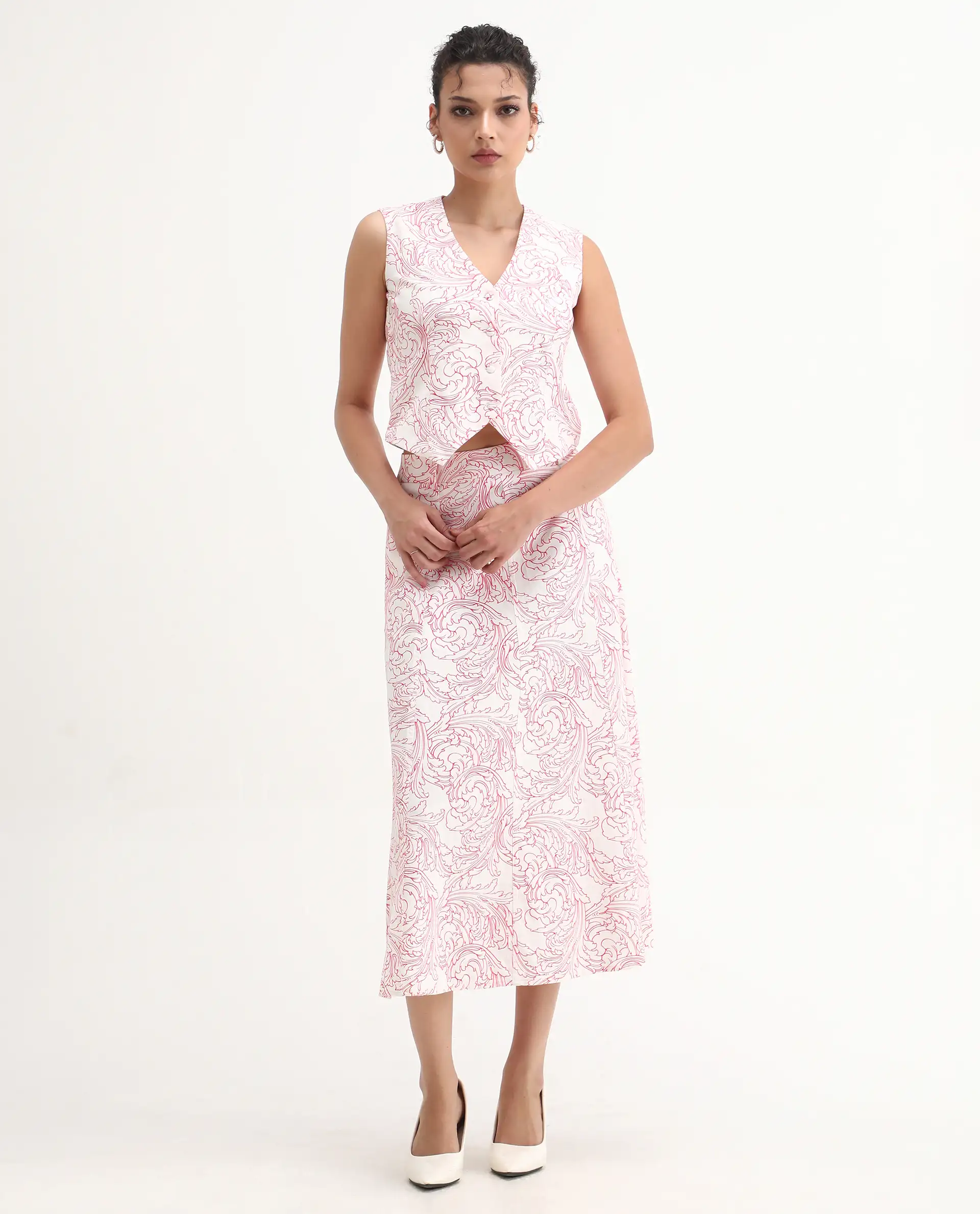 Rareism Women's Somnos B White Cotton Ornamental Print Maxi A-Line Skirt