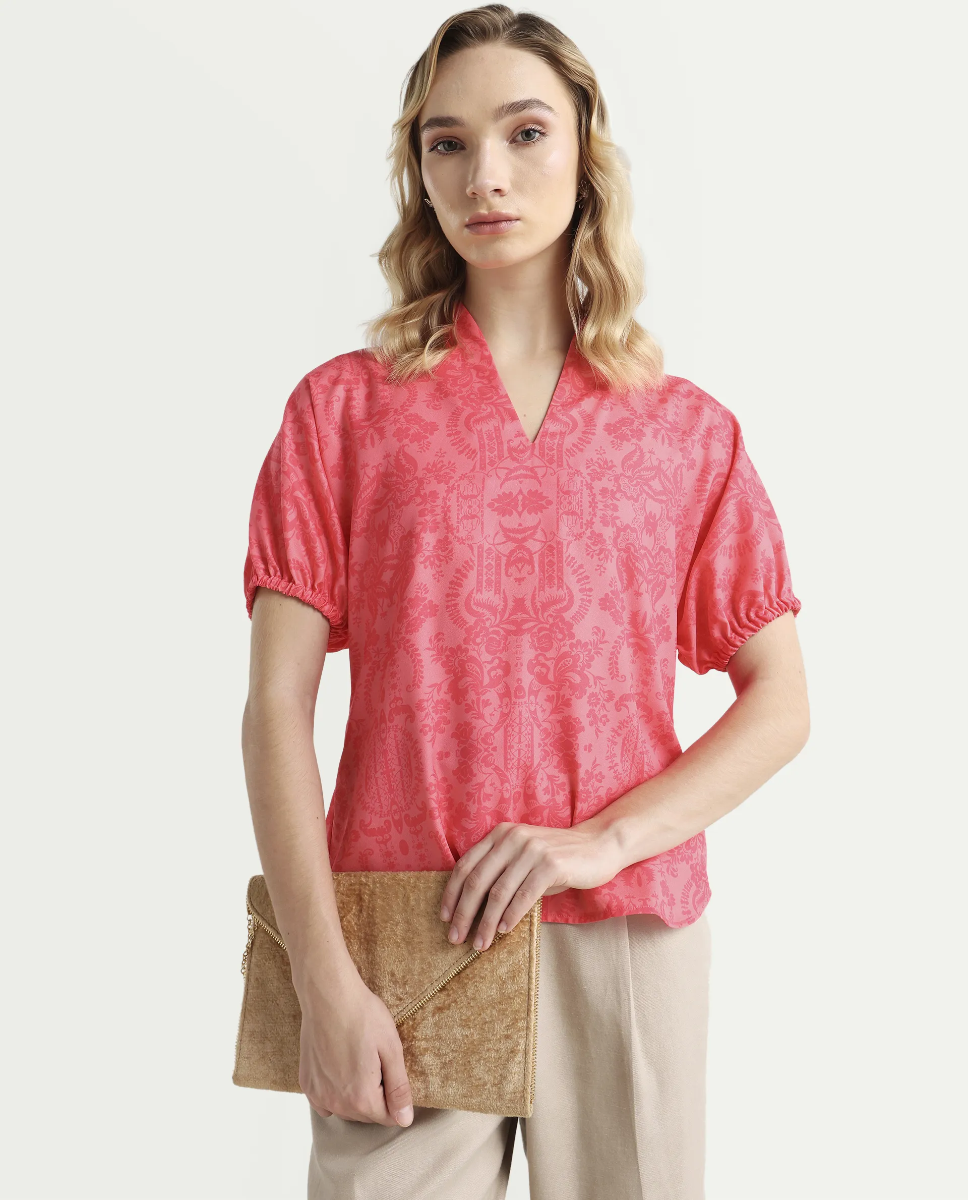 Rareism Women's Somquil Pink Polyester V-Neck Abstract Print Puff Sleeves Regular Fit Top