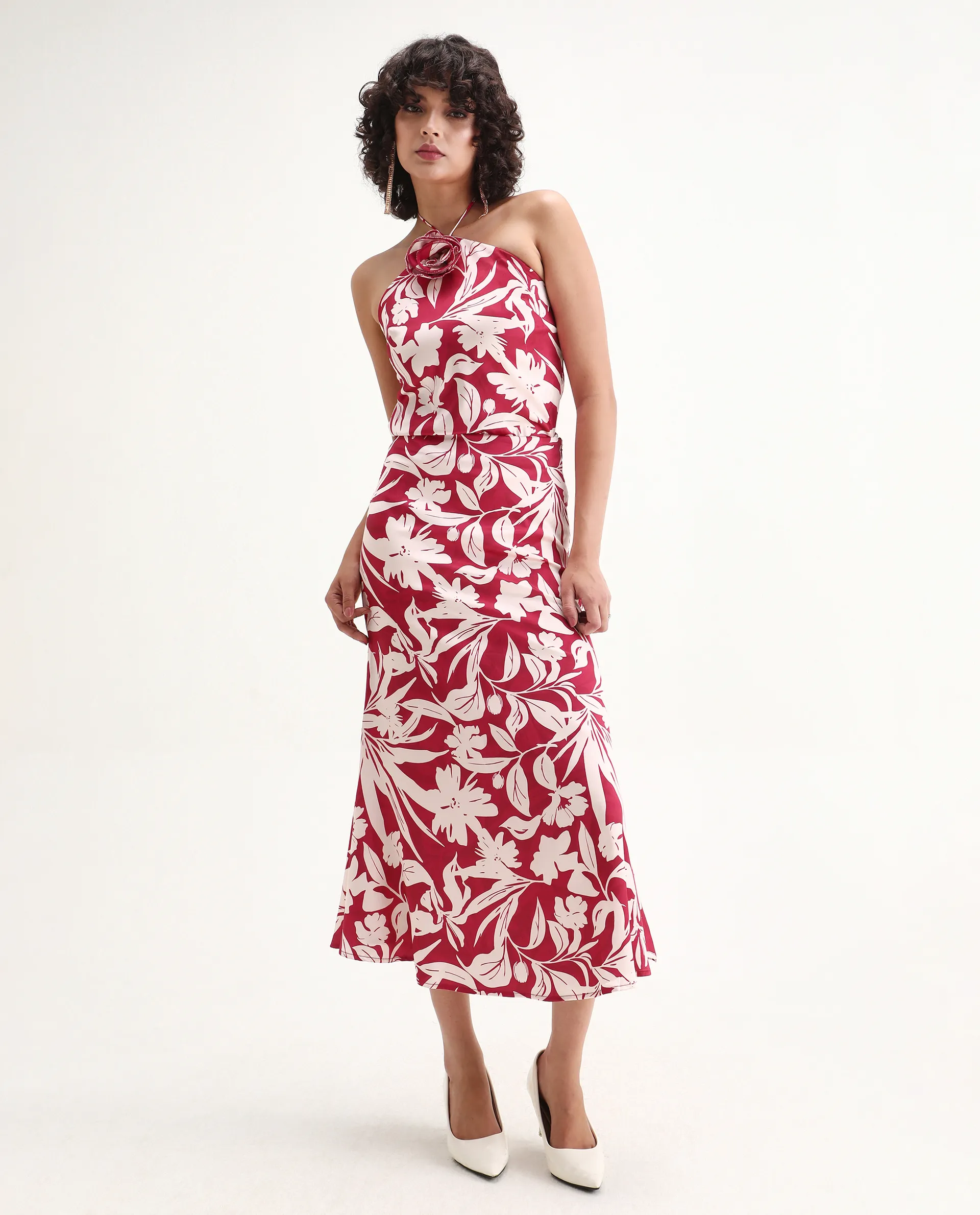 Rareism Women's Somtar B Pink Polyester Floral Print Midi Straight Fit Skirt