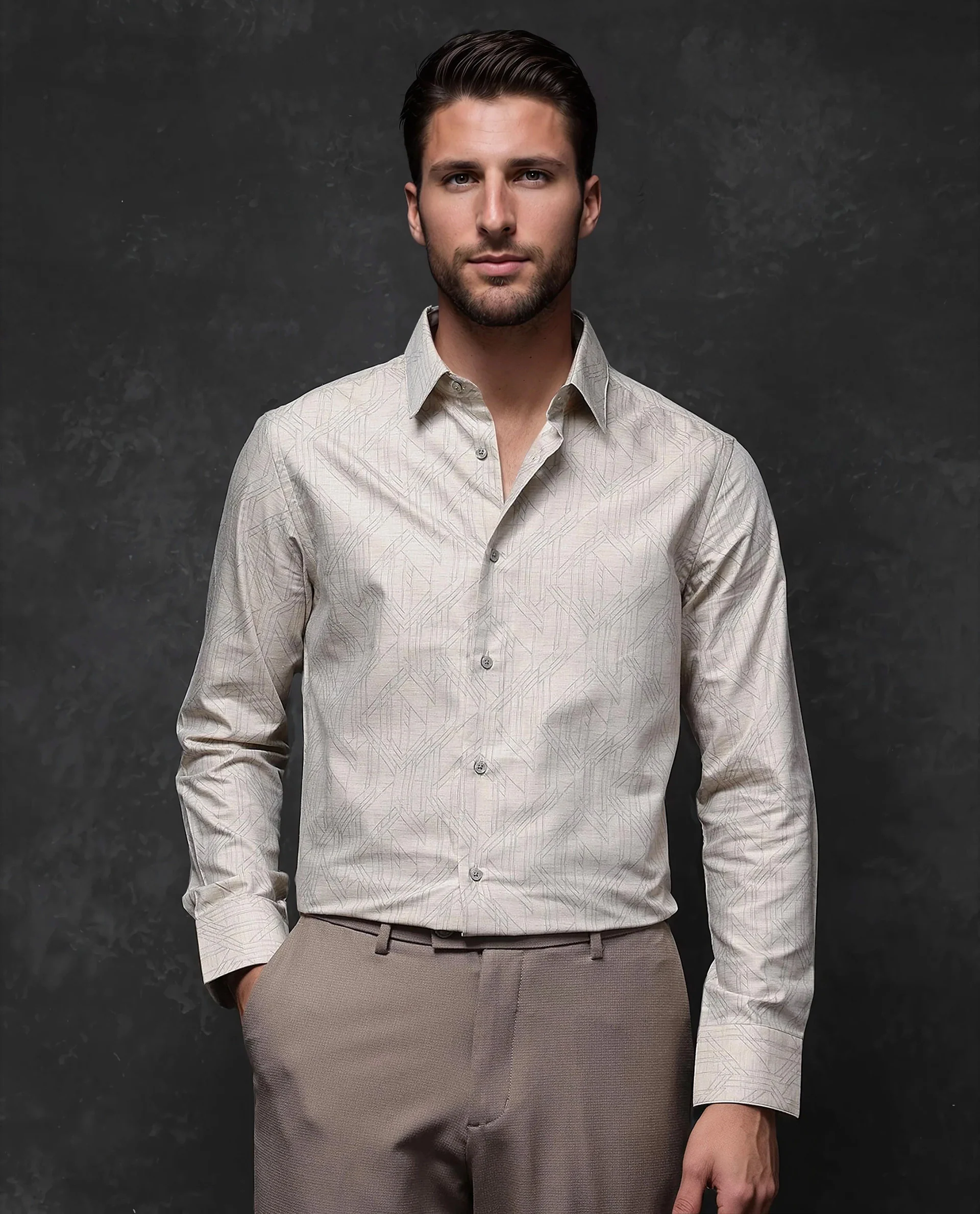 Rare Rabbit Men's Sonnet Beige Cotton Geometric Print Regular Fit Full Sleeve Collared Shirt