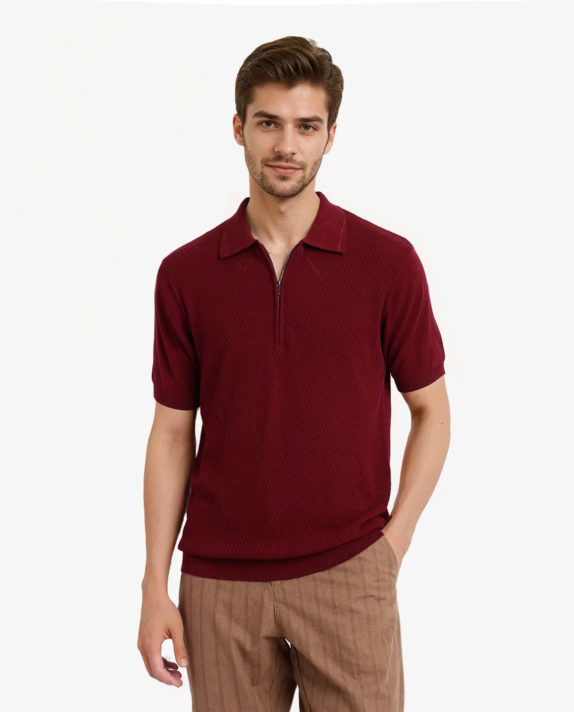 Rare Rabbit Men's Sony Maroon Cotton Textured Regular Fit Half Sleeve Polo