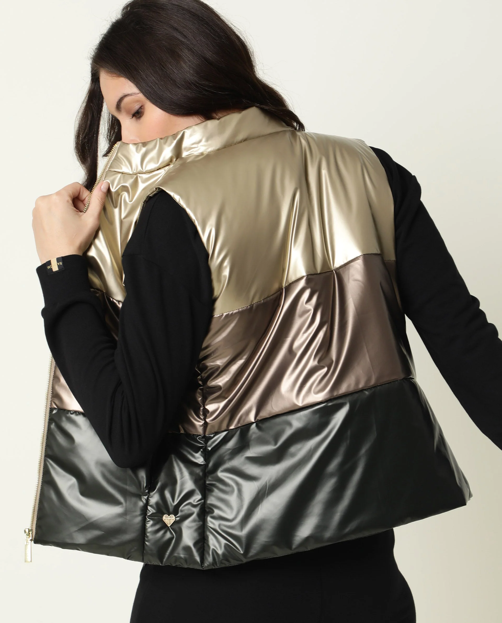 Rareism Women's Sophia Gold Polyester High Neck Color Block Sleeveless Regular Fit Jacket - Image 3