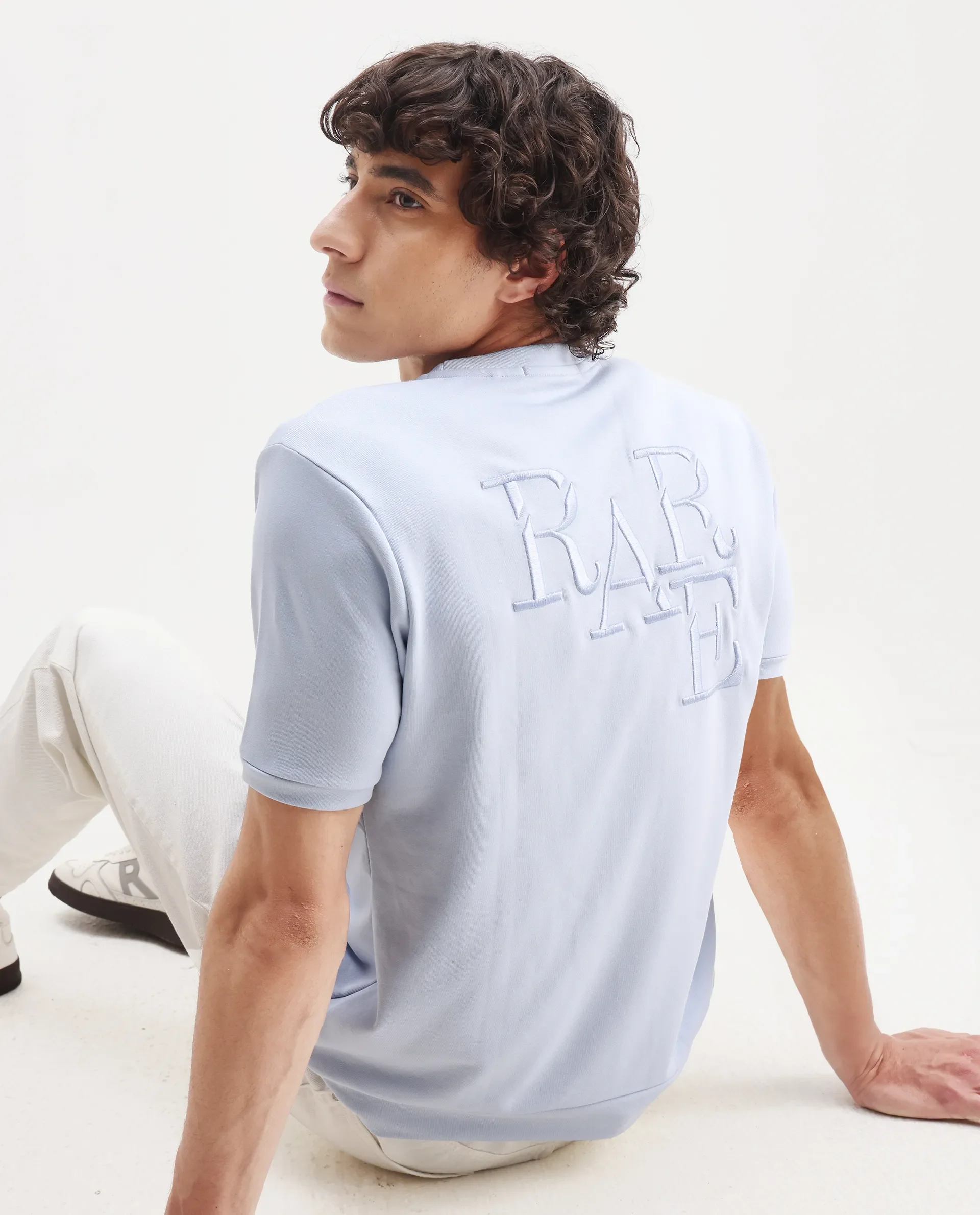 Rare Rabbit Men's Sorp Light Blue Cotton Embroidered Oversized Fit Half Sleeve Crew Neck T-Shirt