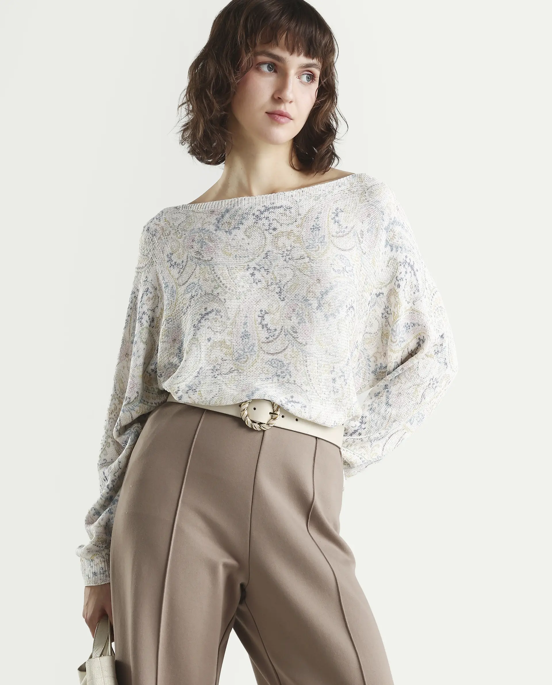 Rareism Women's Sovo Light Multi Viscose Blend Full Sleeve Boat Neck Relaxed Fit Paisley Top