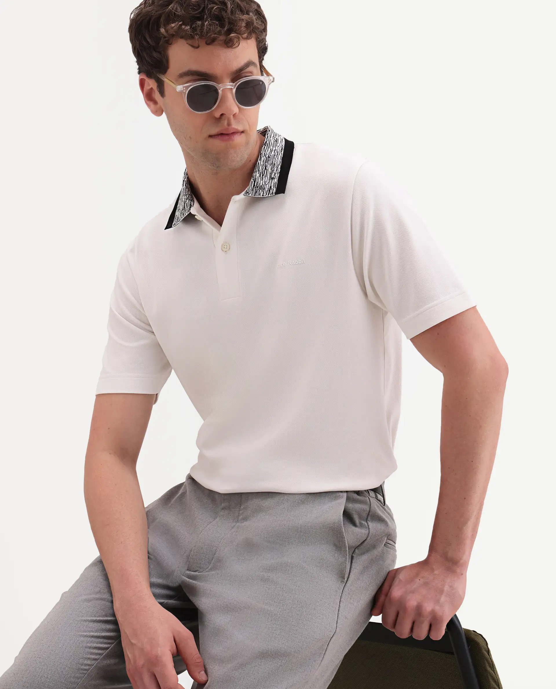 Rare Rabbit Men's Spalo White Cotton Blend Fabric Half Sleeve Spread Collar Regular Plain Polo