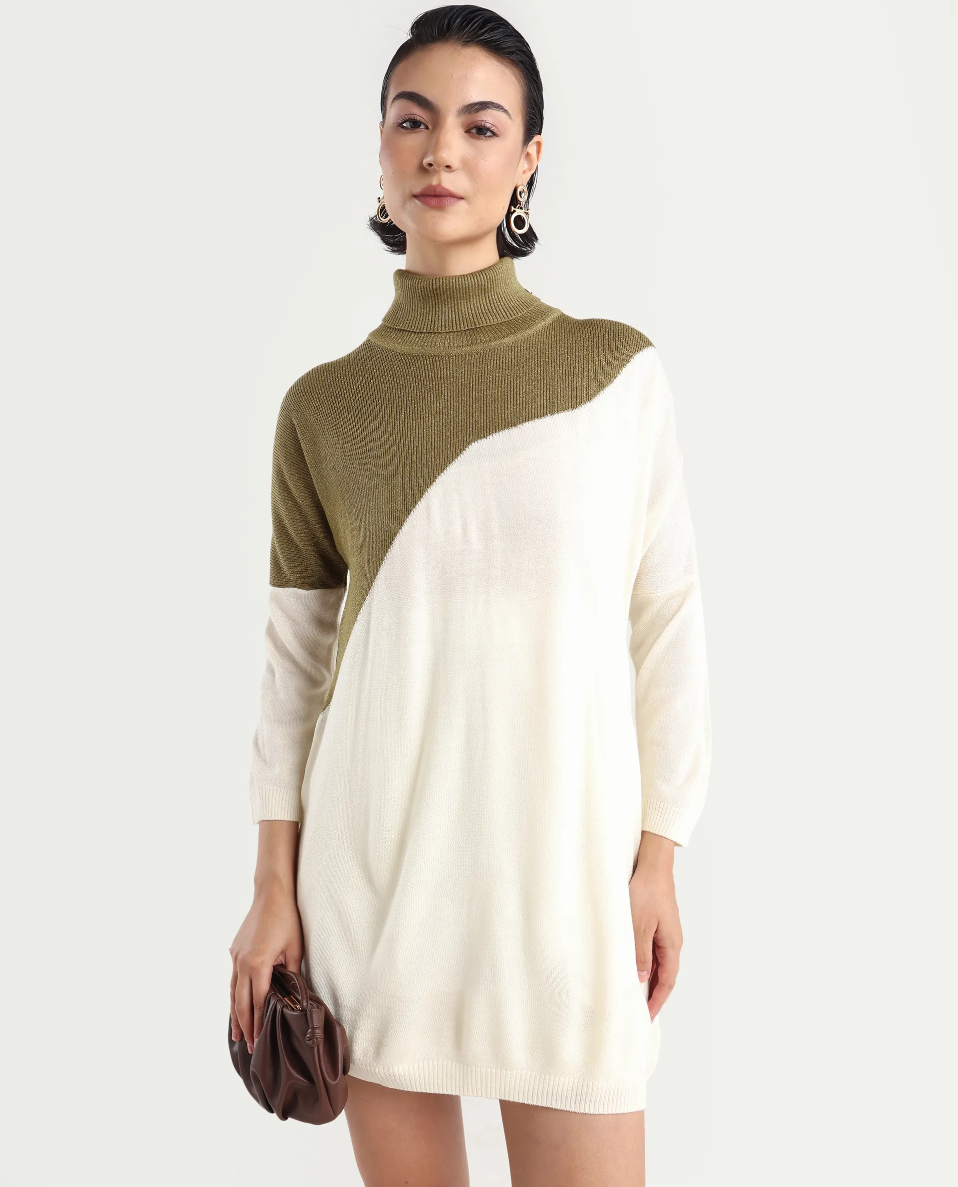 Rareism Women's Spaton White Knit Turtle Neck Plain Knee Length Straight Fit Sweater