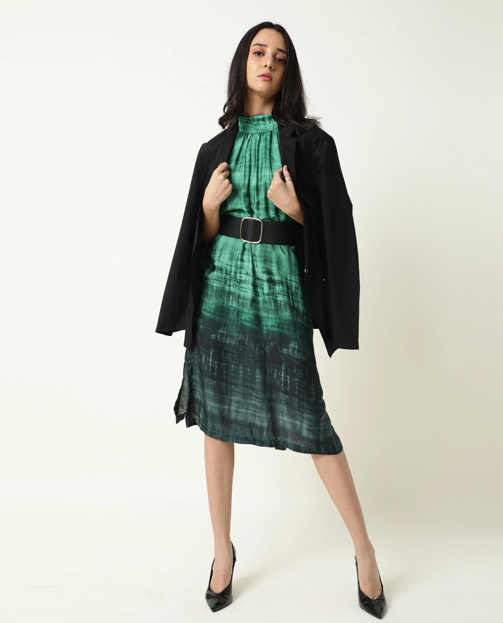 Rareism Women's Split Green Modal Blend High Neck Ombre Puff Sleeves Midi Flared Dress