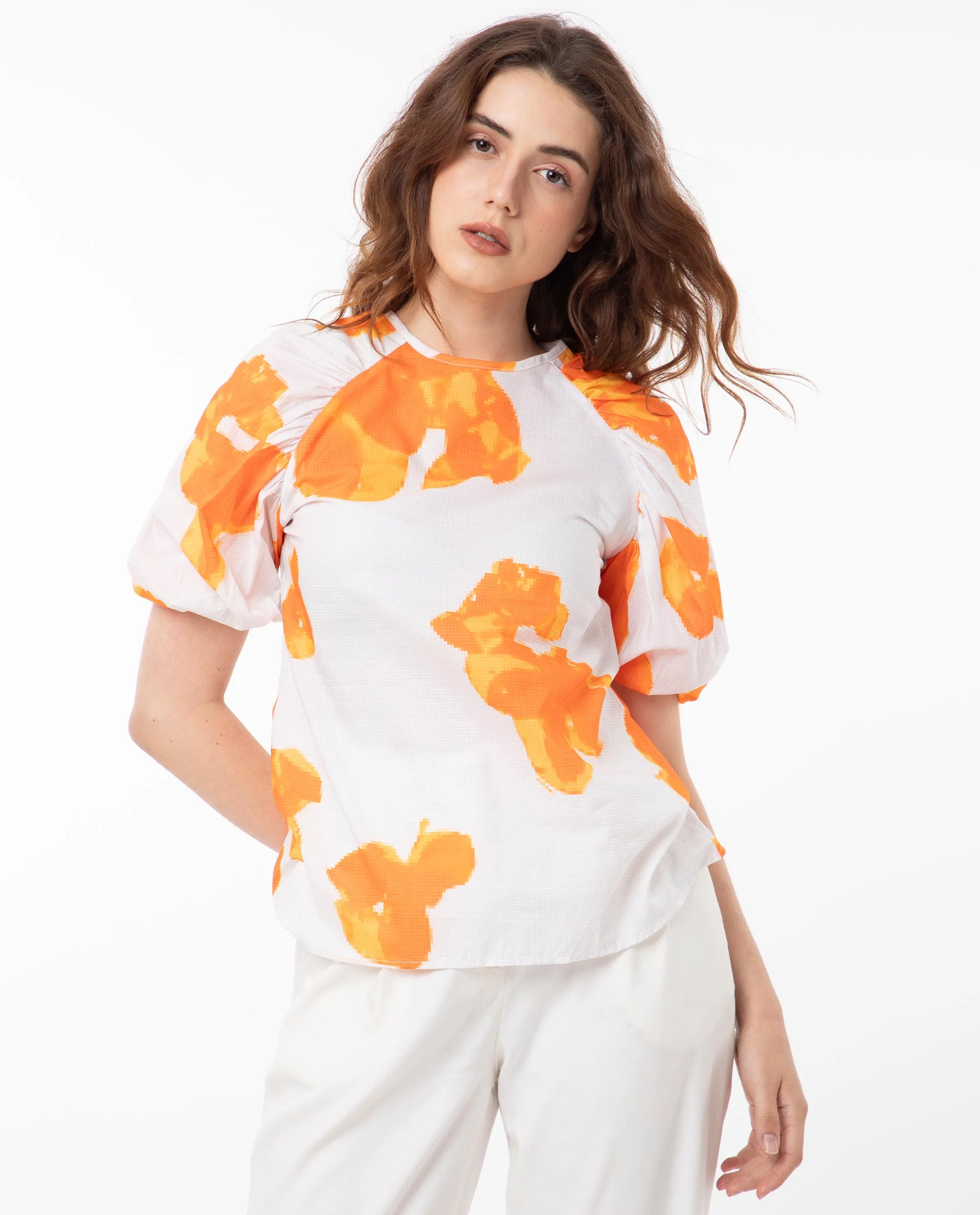 Rareism Women's Sporn Orange Cotton Crew Neck Floral Print Puff Sleeves Regular Fit Top