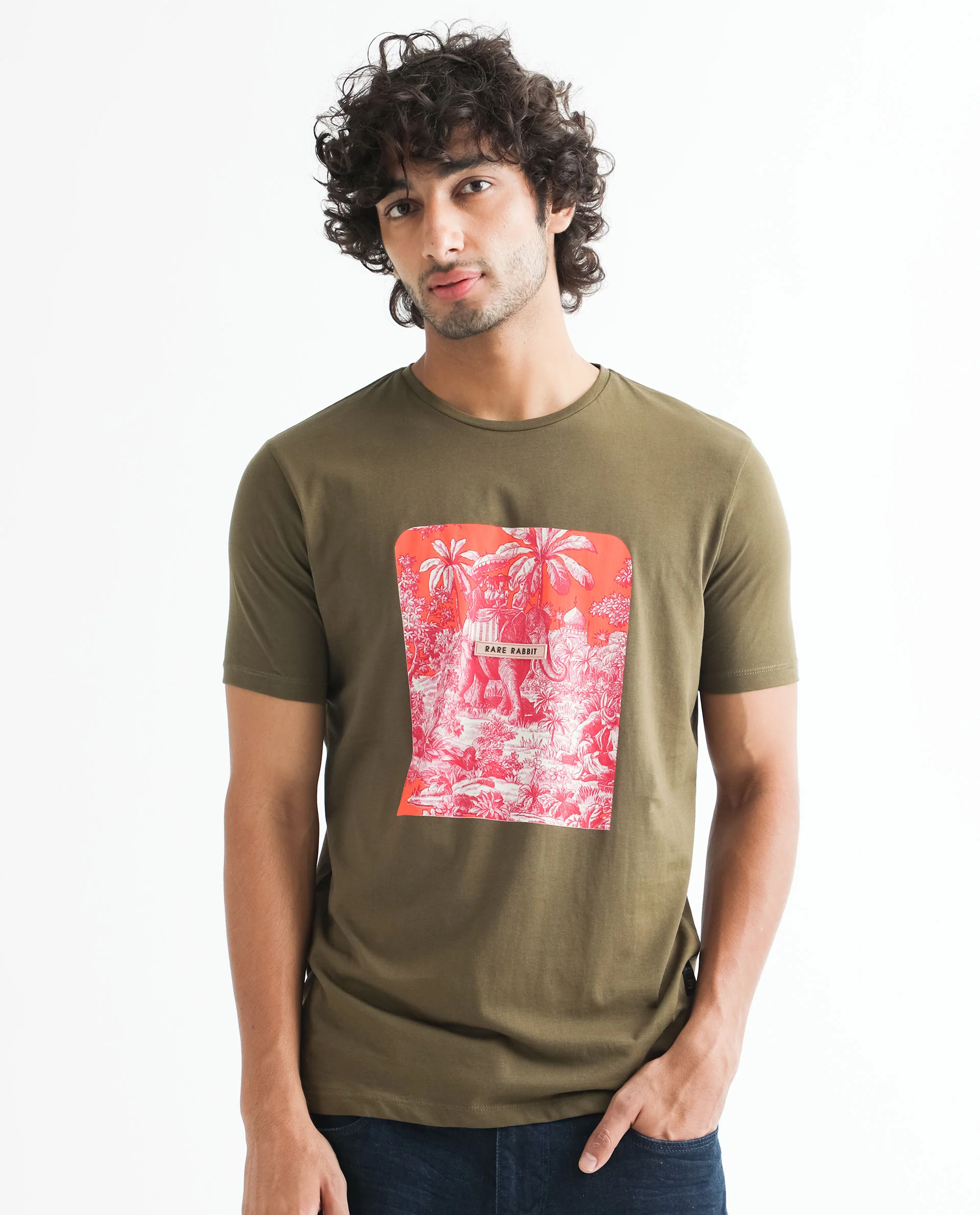 Rare Rabbit Men's Spread Green Cotton Graphic Print Slim Fit Half Sleeve Crew Neck T-Shirt