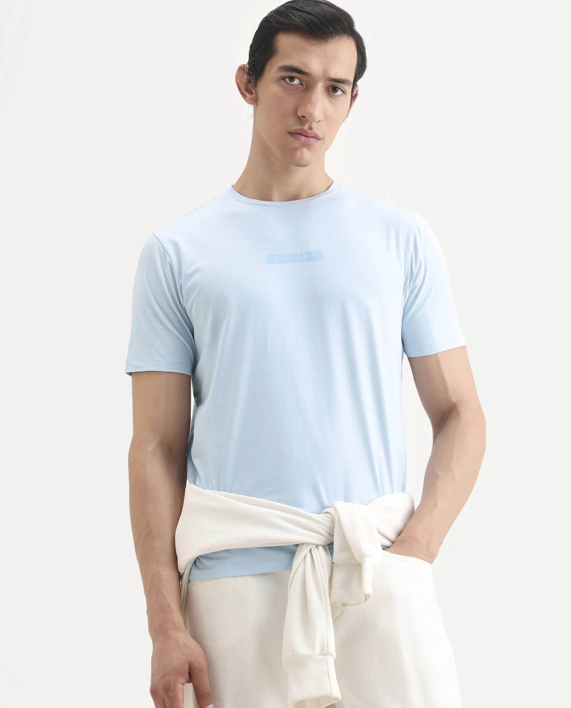 Rare Rabbit Men's Spur Light Blue Cotton Blend Fabric Half Sleeve Crew Neck Regular Fit Graphic Print T-Shirt