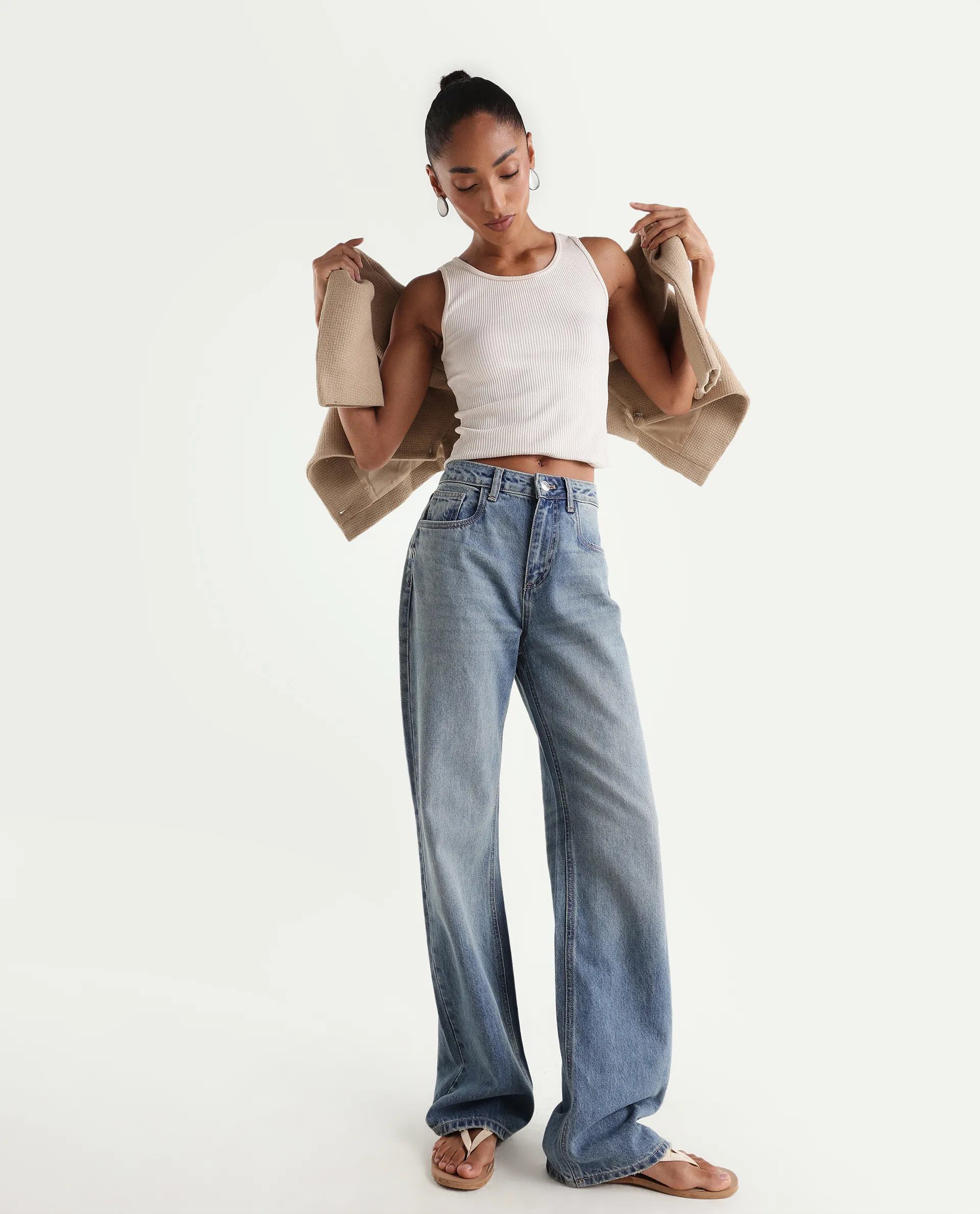 Rareism Women's Stara Light Blue Cotton Blend Straight Fit Plain Jeans