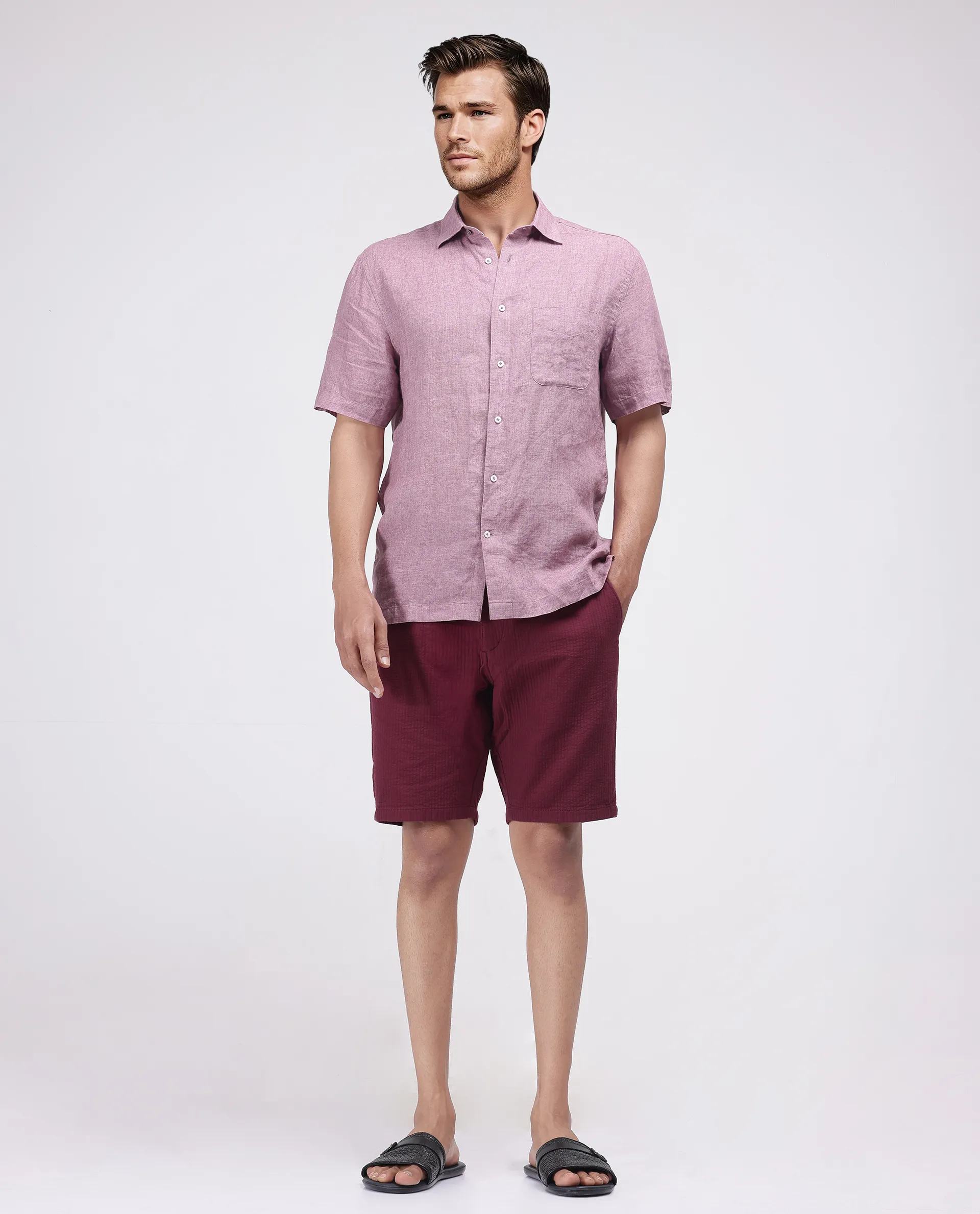 Rare Rabbit Men's Steo Maroon Cotton Blend Plain Relaxed Fit Shorts
