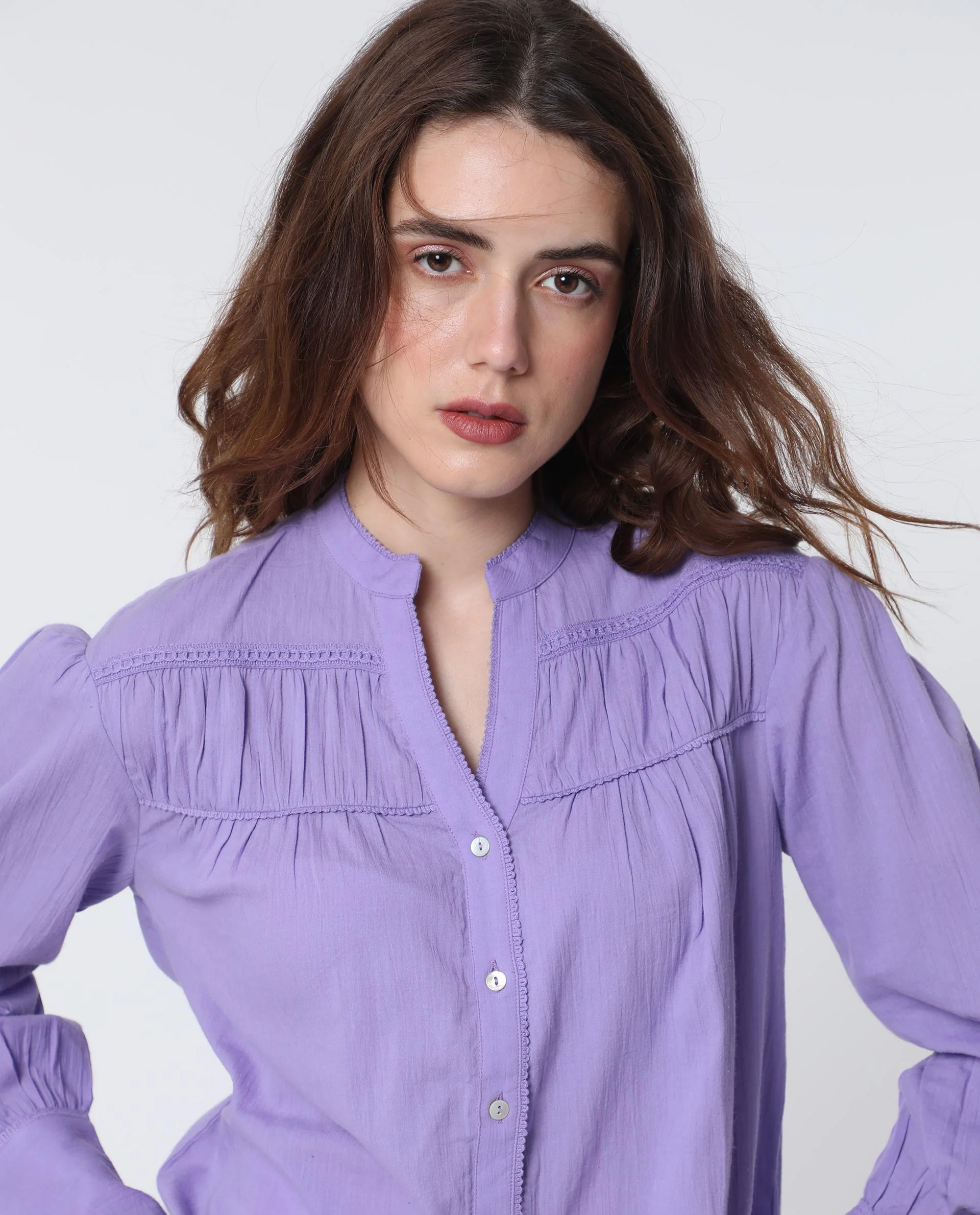 Rareism Women's Stern Light Purple Cotton Mandarin Collar Plain Bishop Sleeve Relaxed Fit Top