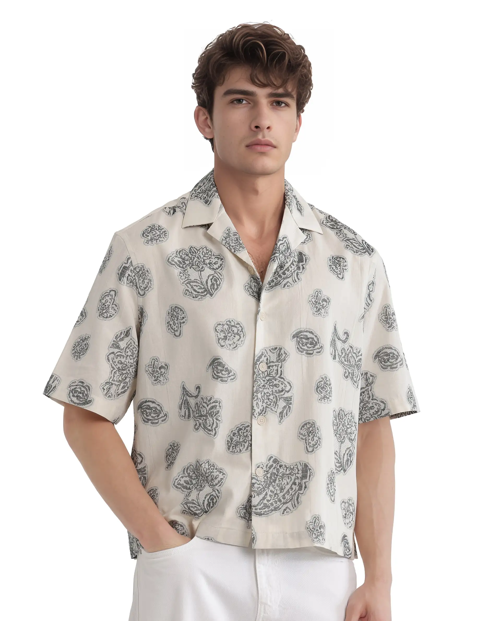 Rare Rabbit Men's Steve Black Cotton Blend Jacquard Boxy Fit Half Sleeve Cuban Collar Shirt