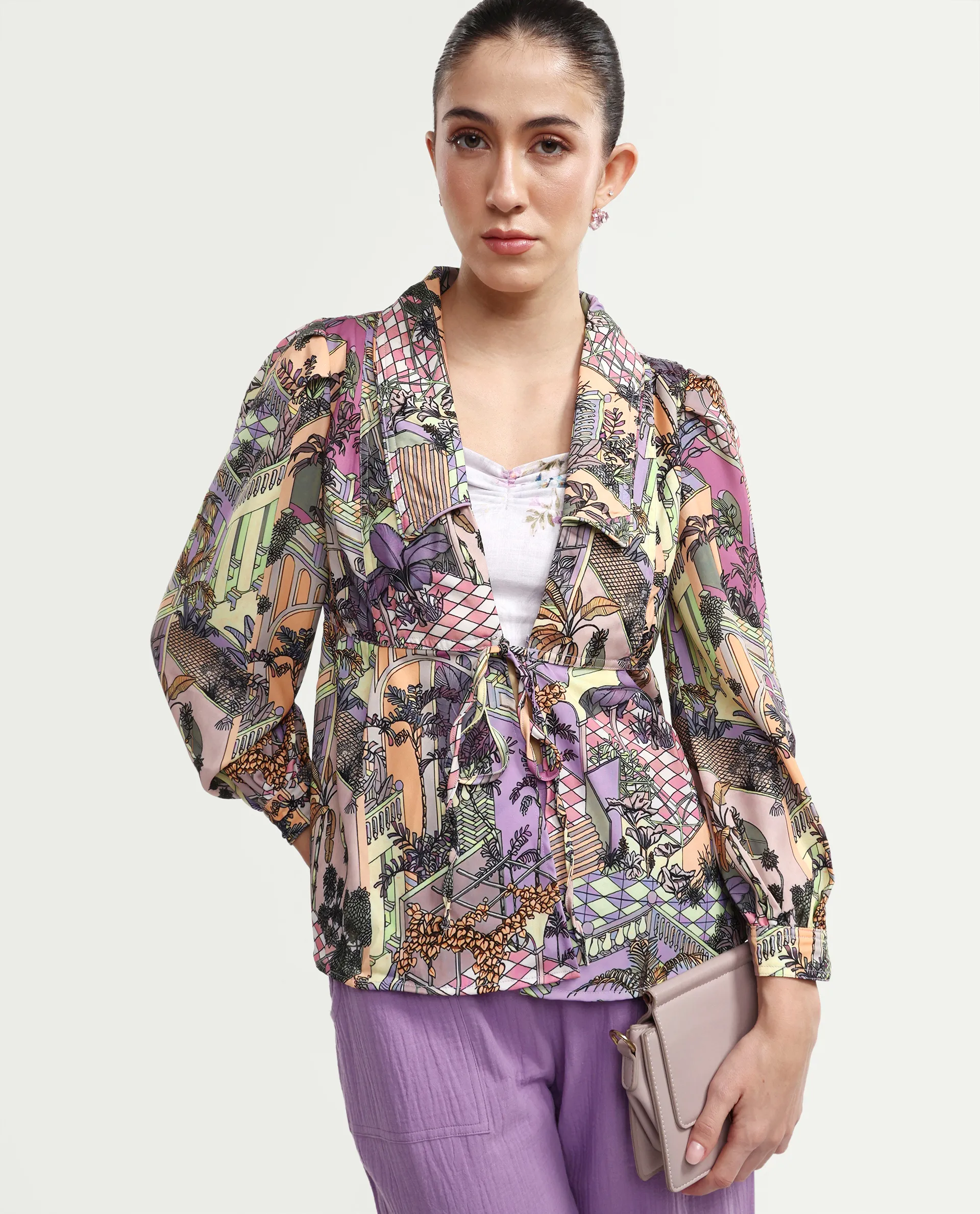 Rareism Women's Stevie-T Light Multi Polyester Lapel Neck Abstract Print Cuffed Sleeve Regular Fit Top