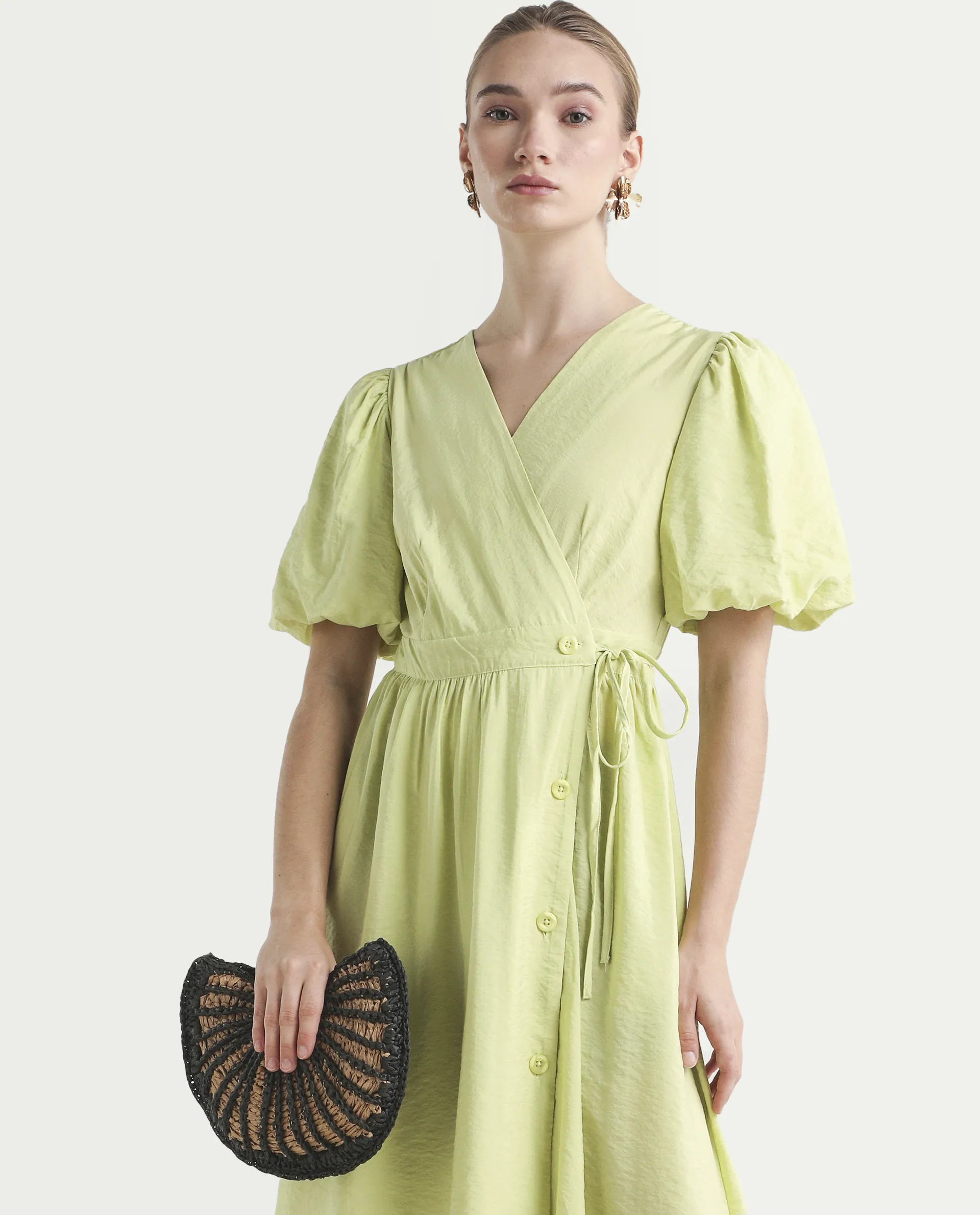 Rareism Women's Stewart Light Green Nylon Blend Overlap Neck Plain Balloon Sleeve Maxi Fit And Flare Dress