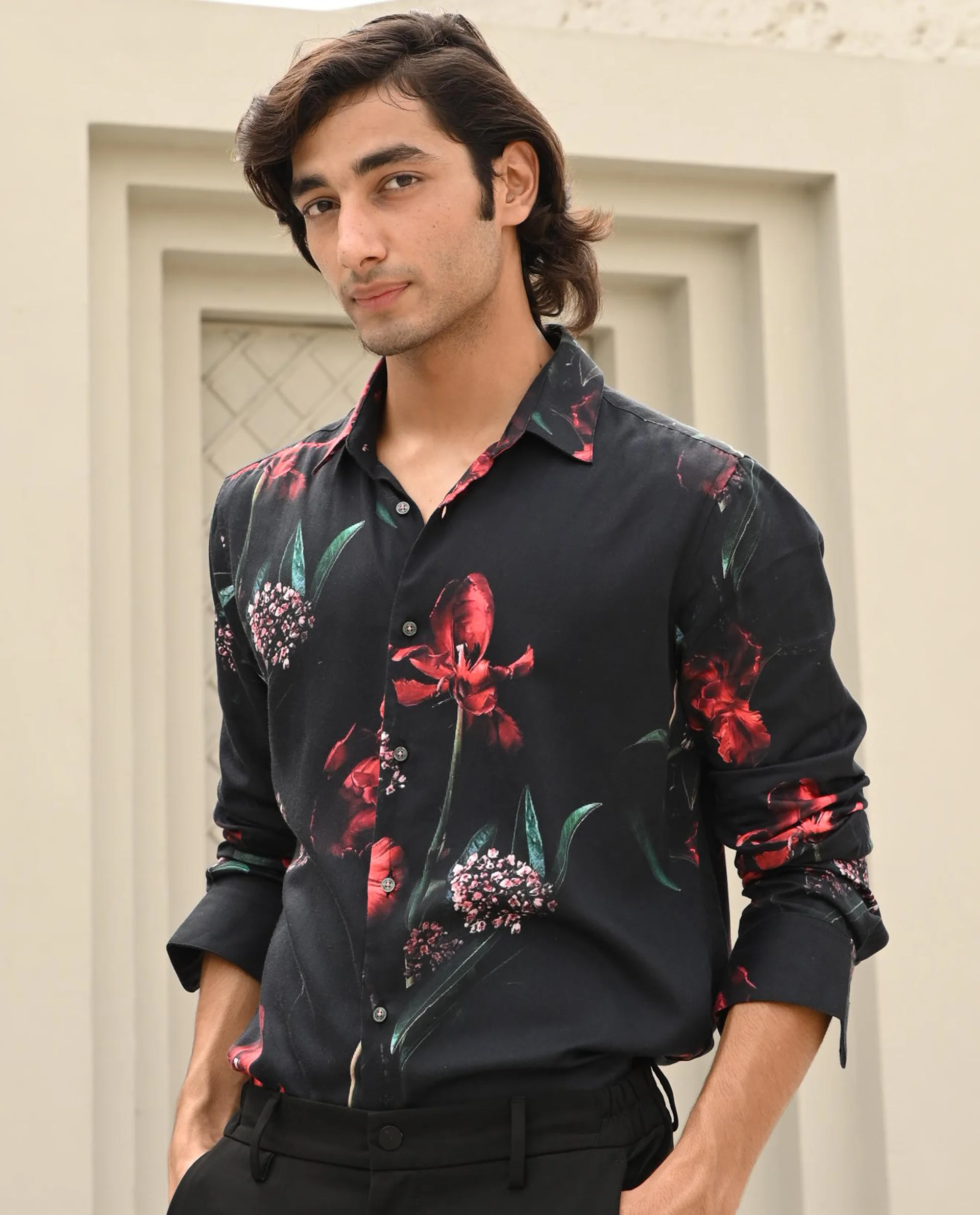Rare Rabbit Men's Stock Black Cotton Floral Print Regular Fit Full Sleeve Spread Collar Shirt