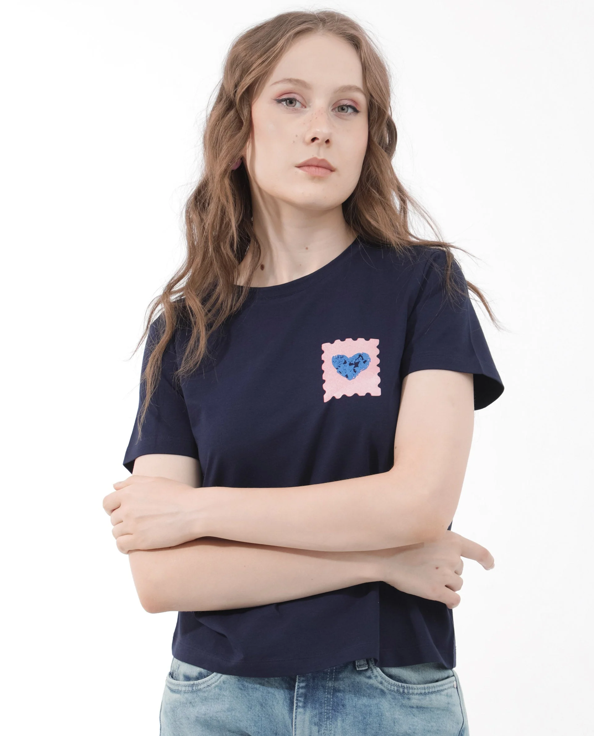 Rareism Women's Strudant Dark Navy Cotton Blend Crew Neck Graphic Print Regular Fit T-Shirt