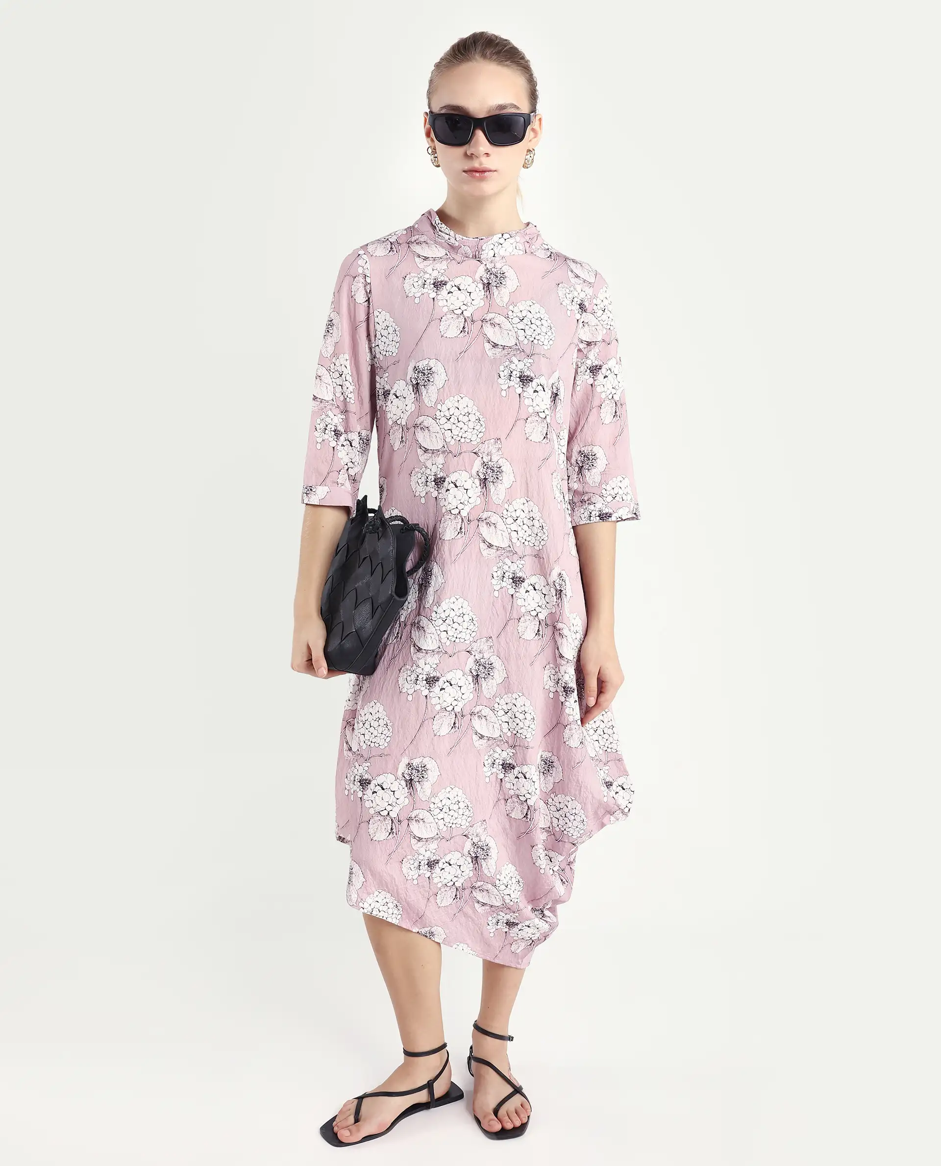 Rareism Women's Sullivio Dusky Pink Nylon Blend High Neck Floral Print Midi Relaxed Fit Dress