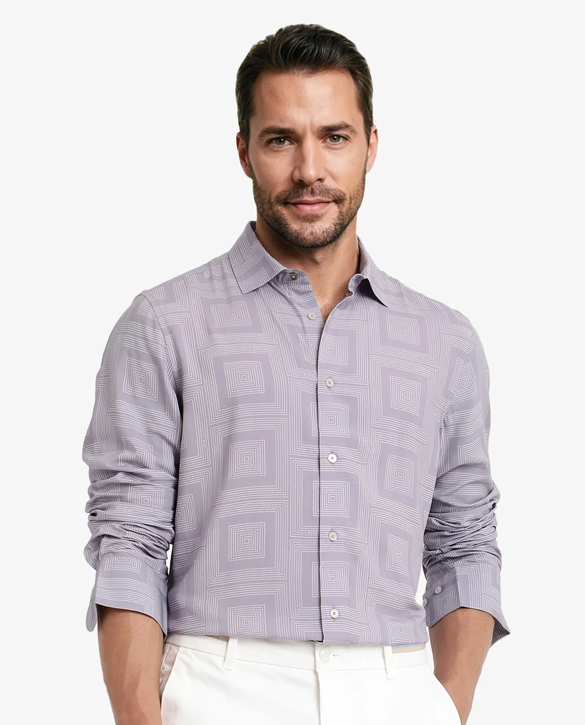 Rare Rabbit Men's Swift Pastel Purple Viscose Geometric Print Regular Fit Full Sleeve Collared Shirt