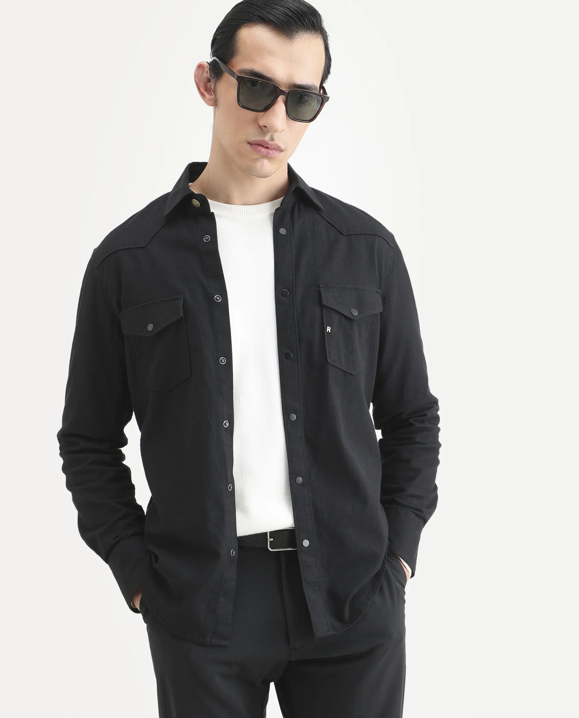 Rare Rabbit Men's Taison-25 Black Cotton Plain Regular Fit Full Sleeve Collared Shirt