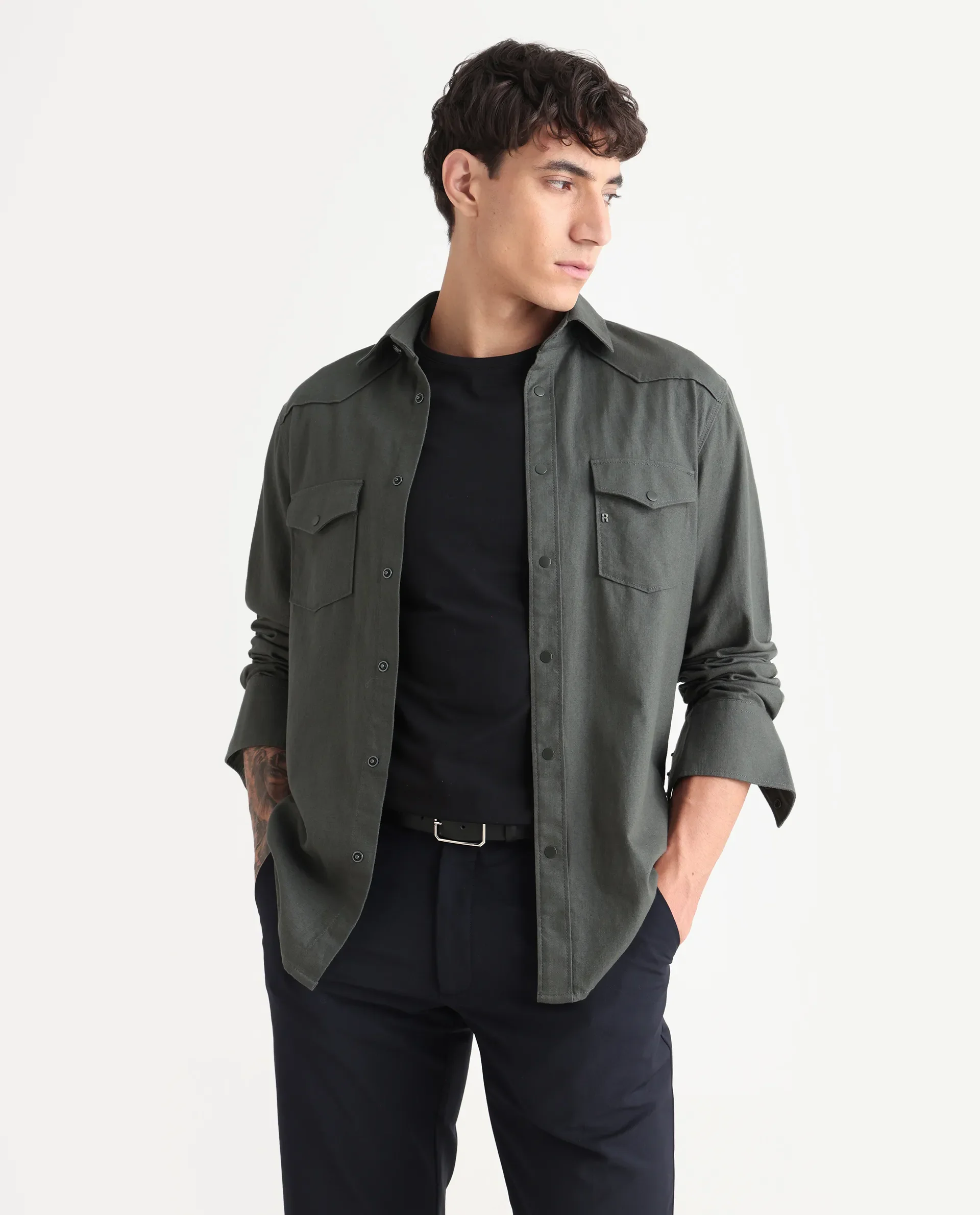 Rare Rabbit Men's Taison-25 Dark Grey Cotton Plain Regular Fit Full Sleeve Collared Shirt