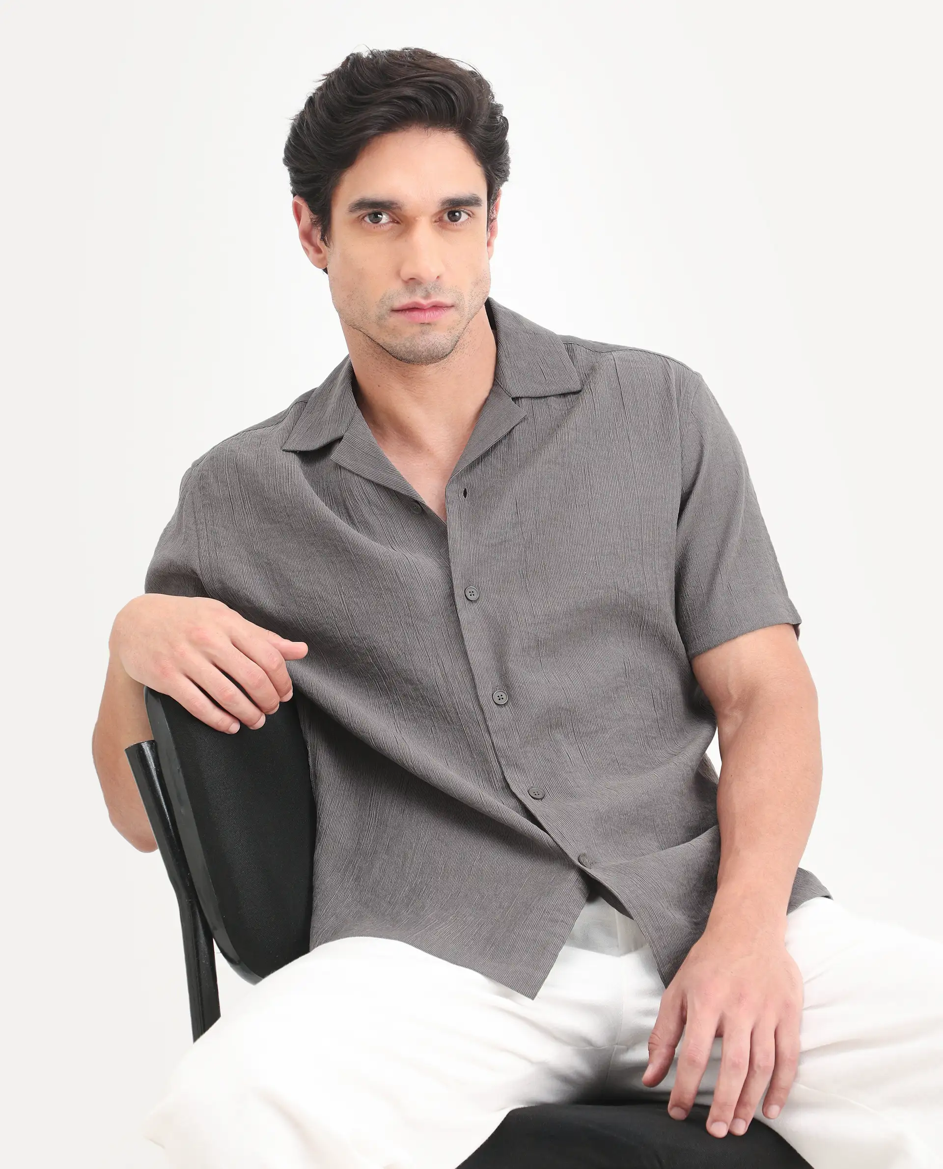 Rare Rabbit Men's Tali-S Dark Grey Viscose Blend Fabric Half Sleeve Cuban Collar Button Regular Plain Shirt
