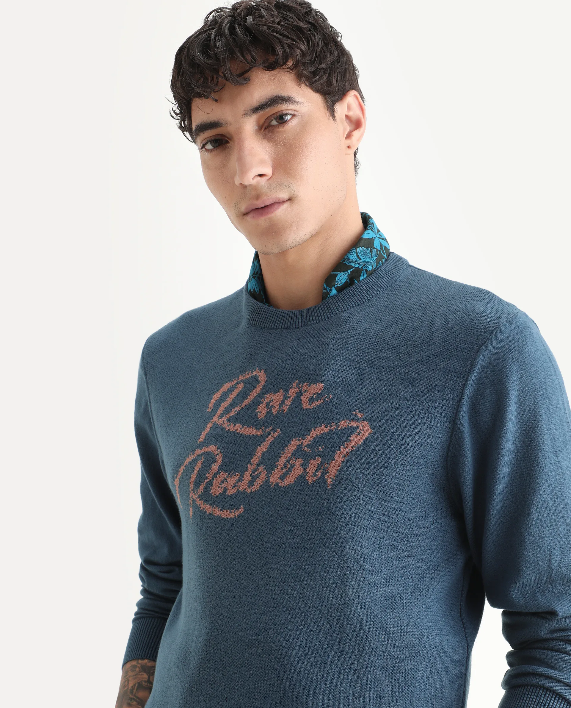 Rare Rabbit Men's Teedo Navy Jacquard Slim Fit Full Sleeve Crew Neck Sweater