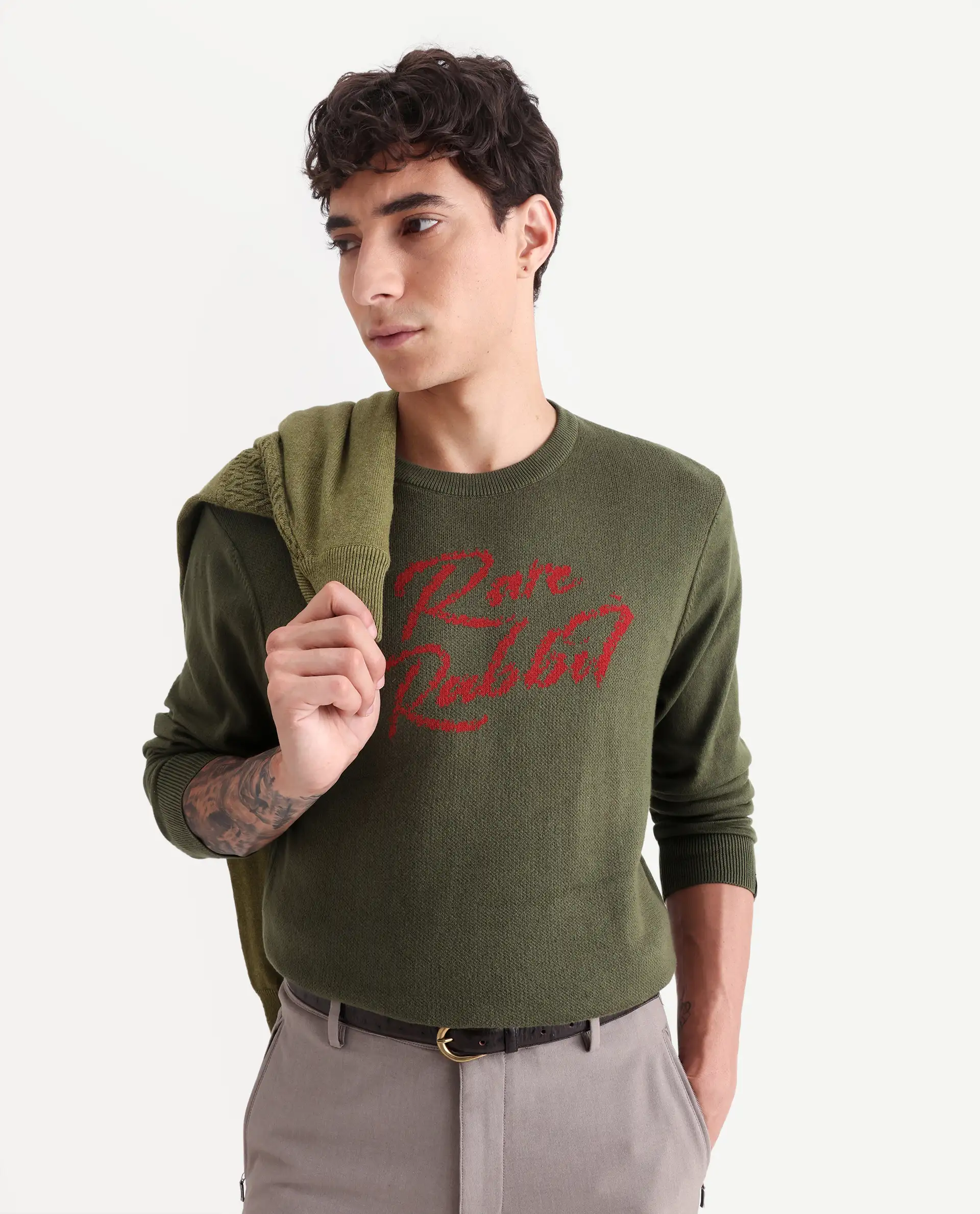 Rare Rabbit Men's Teedo Olive Jacquard Slim Fit Full Sleeve Crew Neck Sweater