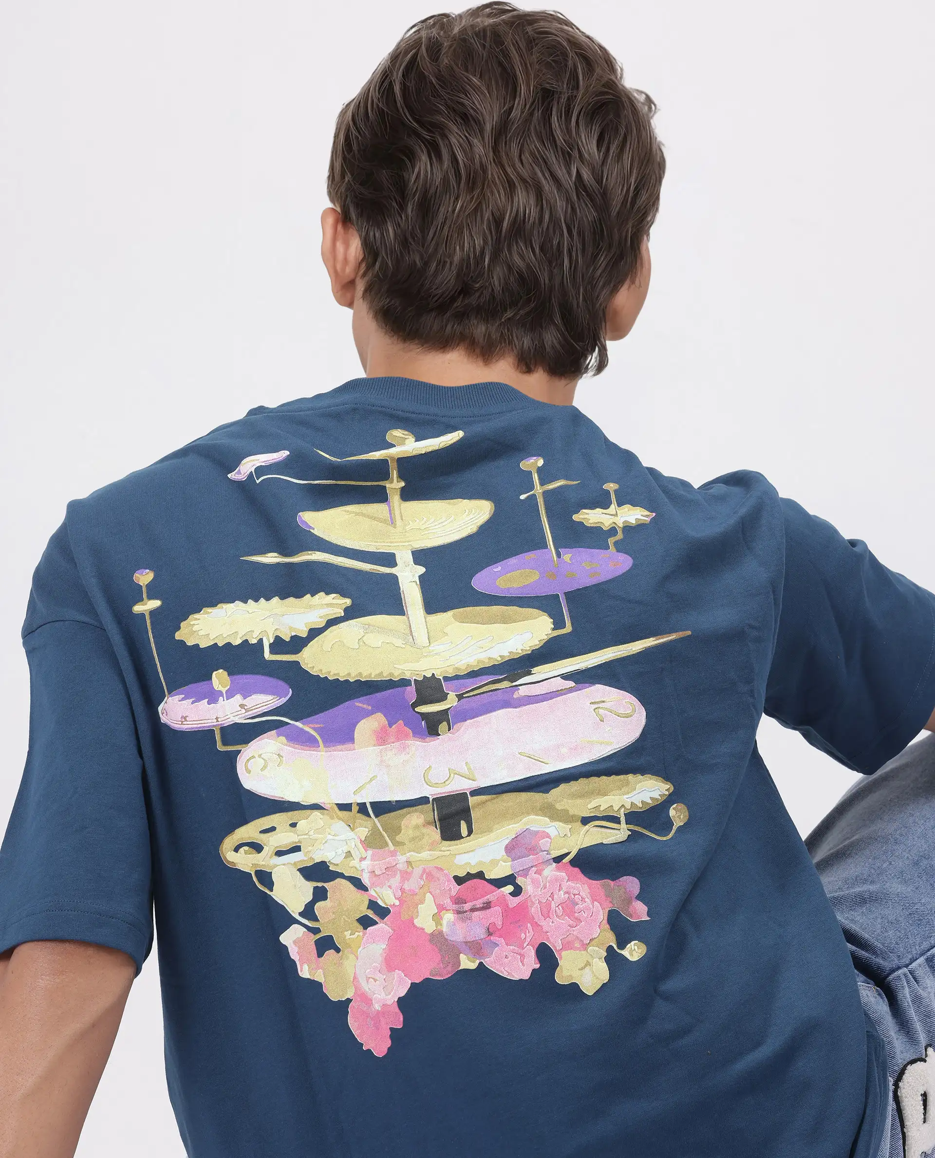 Rare Rabbit Men's Tempe Petrol Cotton Graphic Print Oversized Fit Half Sleeve Crew Neck T-Shirt