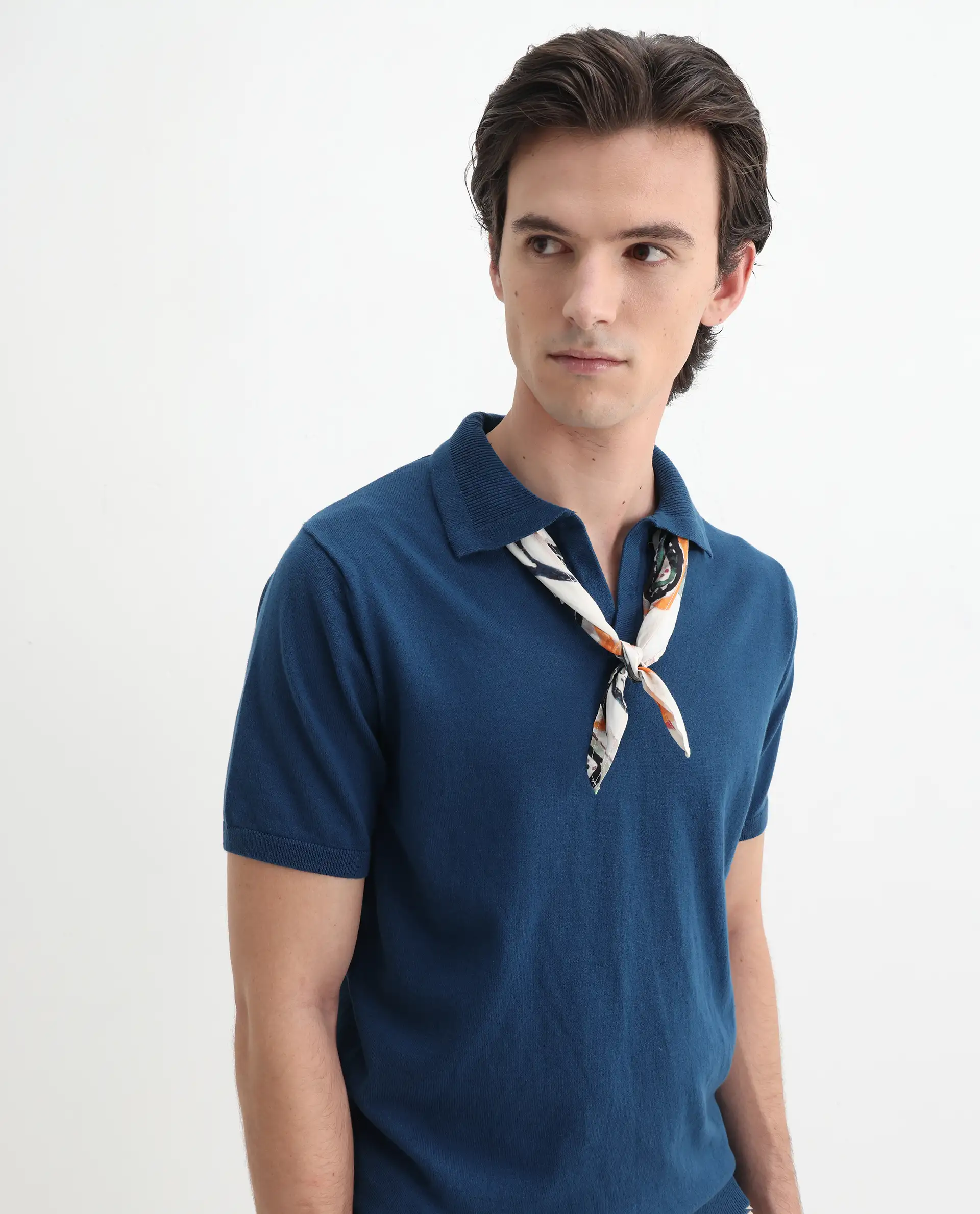 Rare Rabbit Men's Teny Dark Blue Cotton Blend Plain Regular Fit Half Sleeve Polo