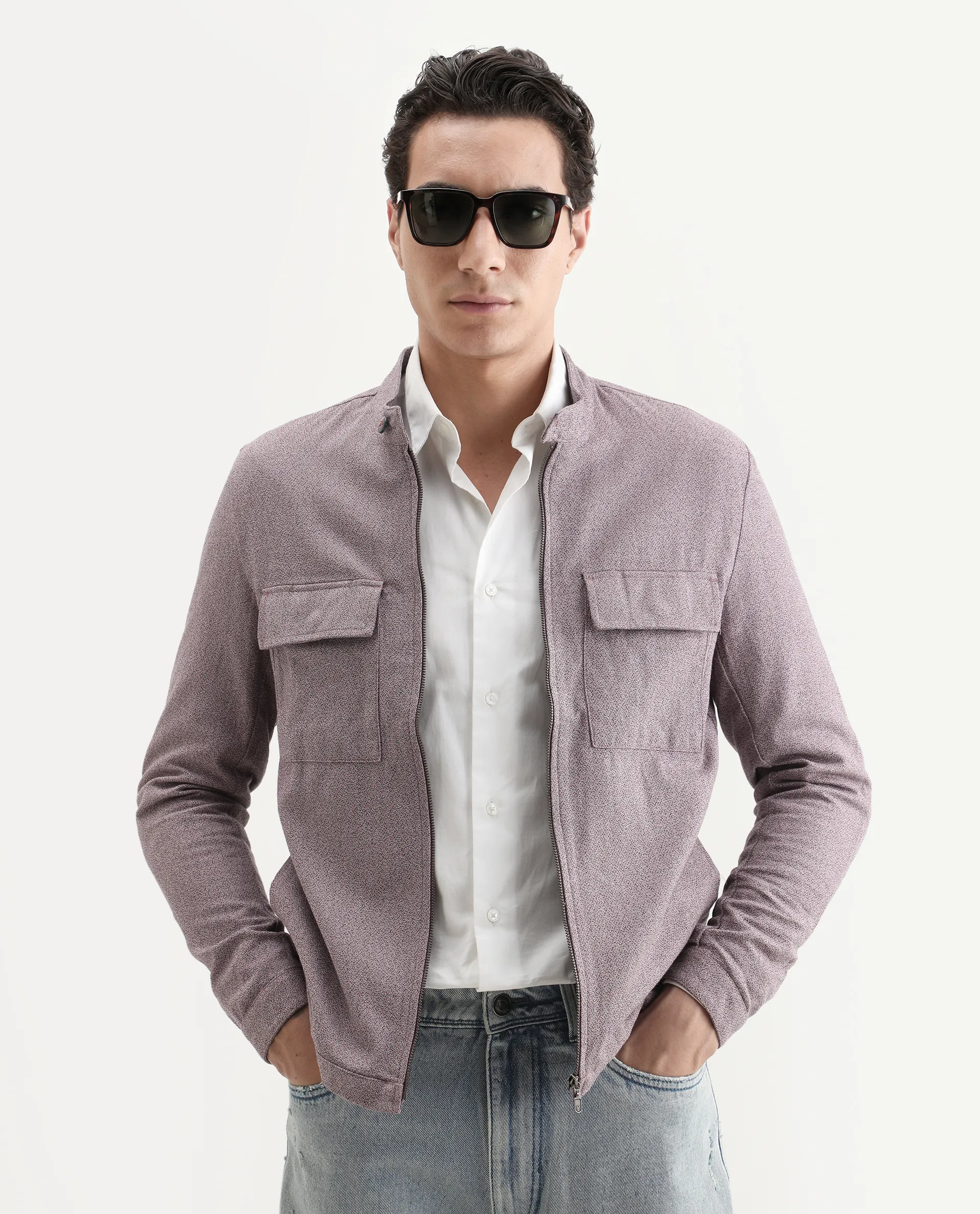 Rare Rabbit Men's Texer Maroon Cotton Plain Regular Fit Full Sleeve Mandarin Collar Jacket