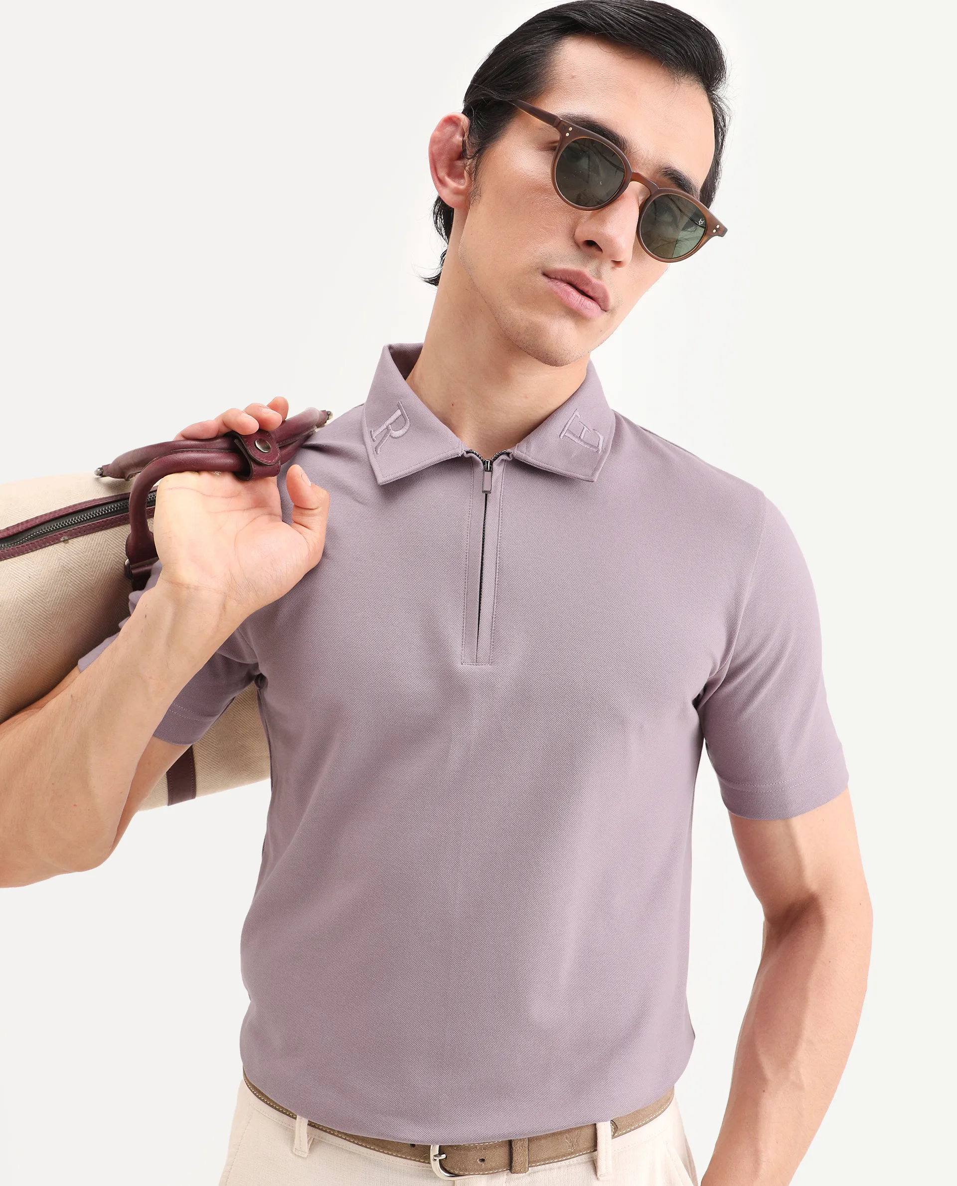 Rare Rabbit Men's Thero-S26 Dusky Pink Cotton Blend Fabric Half Sleeve Spread Collar Regular Fit Plain Polo
