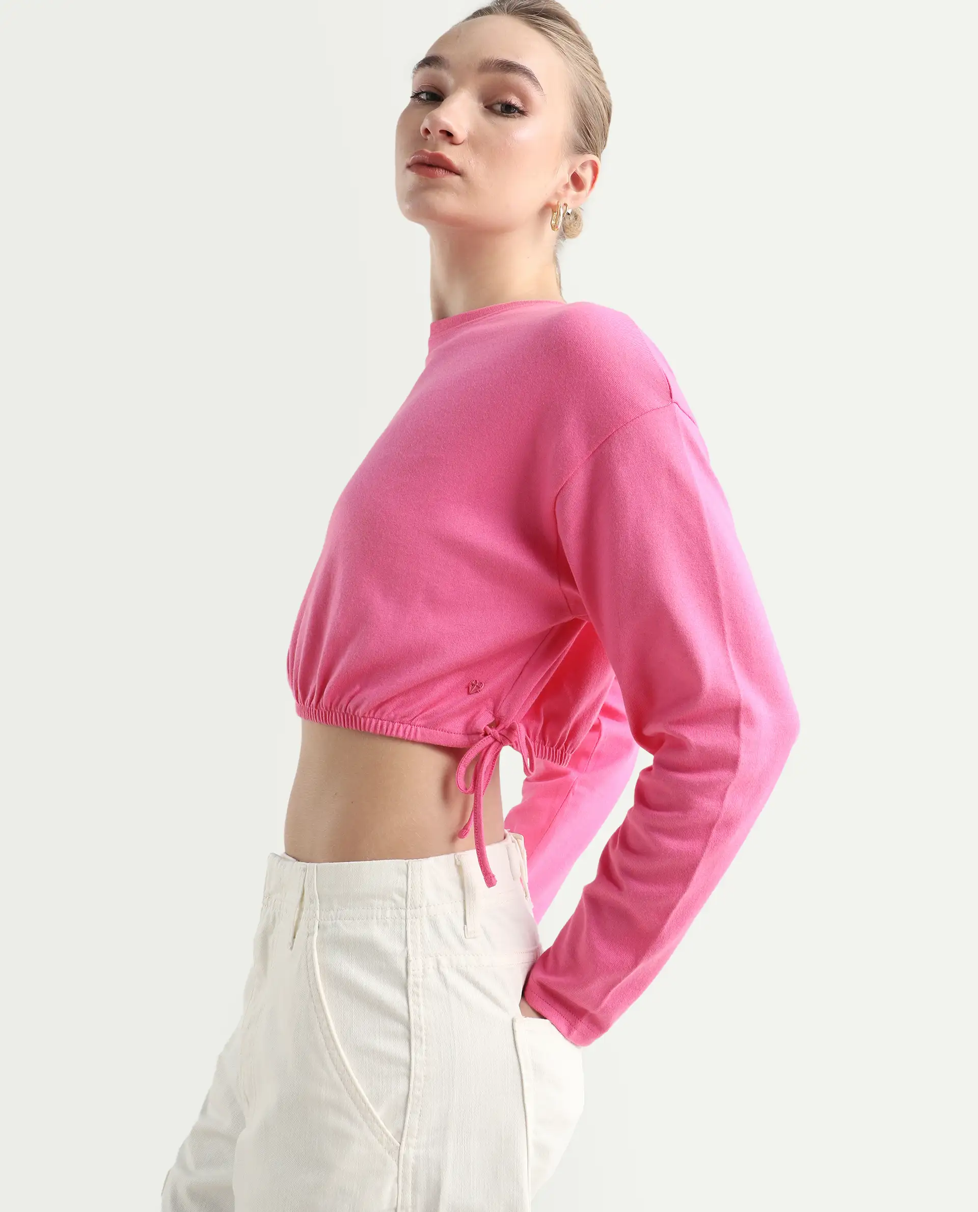 Rareism Women's Thistle Pink Cotton Crew Neck Plain Crop Regular Fit Top