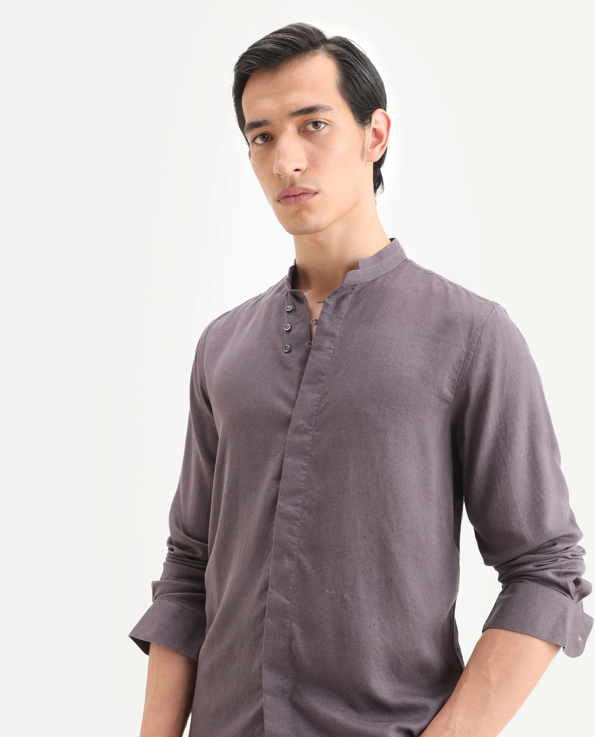 Rare Rabbit Men's Throne-26 Dusky Purple Linen Blend Fabric Full Sleeve Mandarin Collar Regular Fit Plain Shirt
