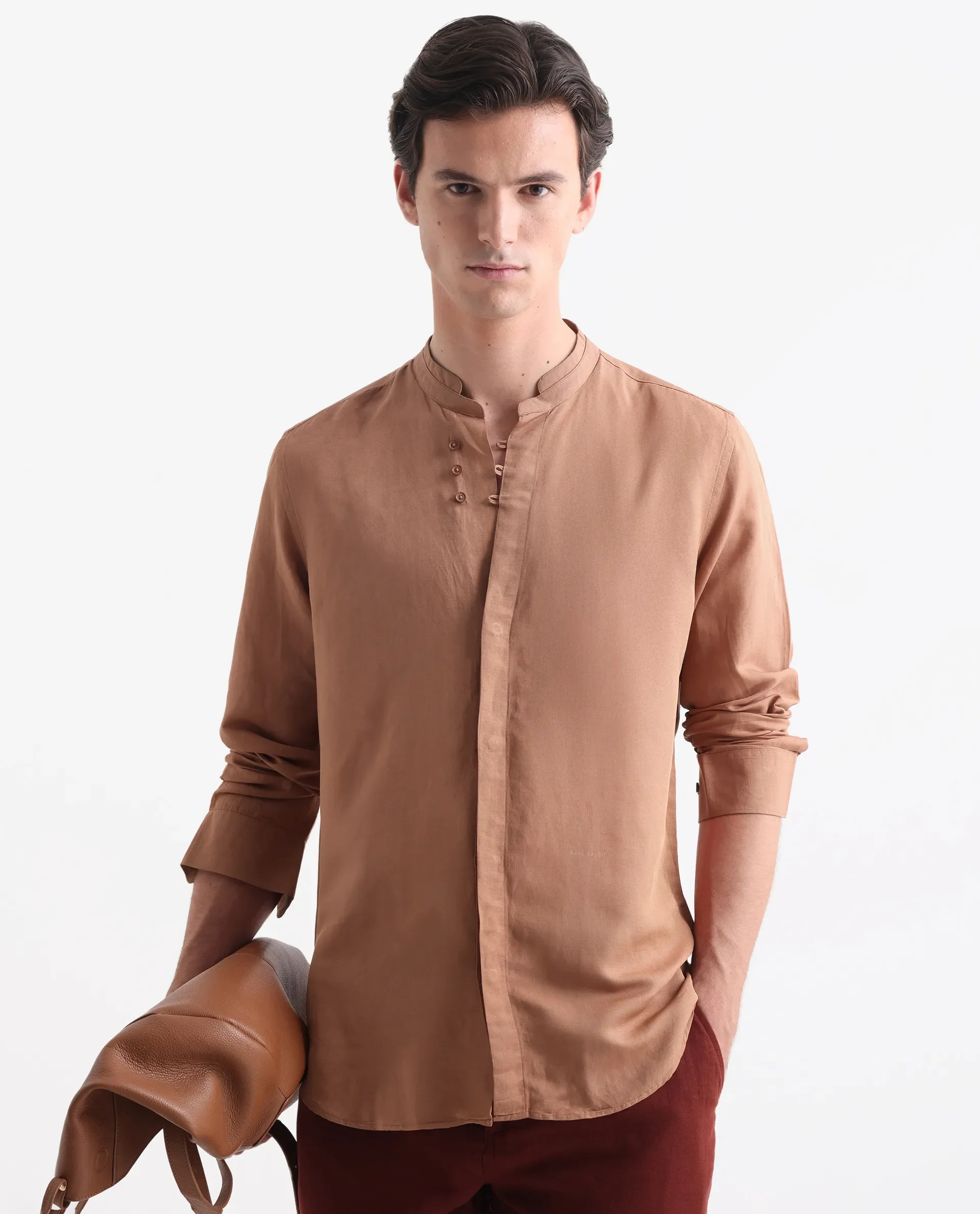 Rare Rabbit Men's Throne Dark Orange Linen Plain Regular Fit Full Sleeve Collared Shirt