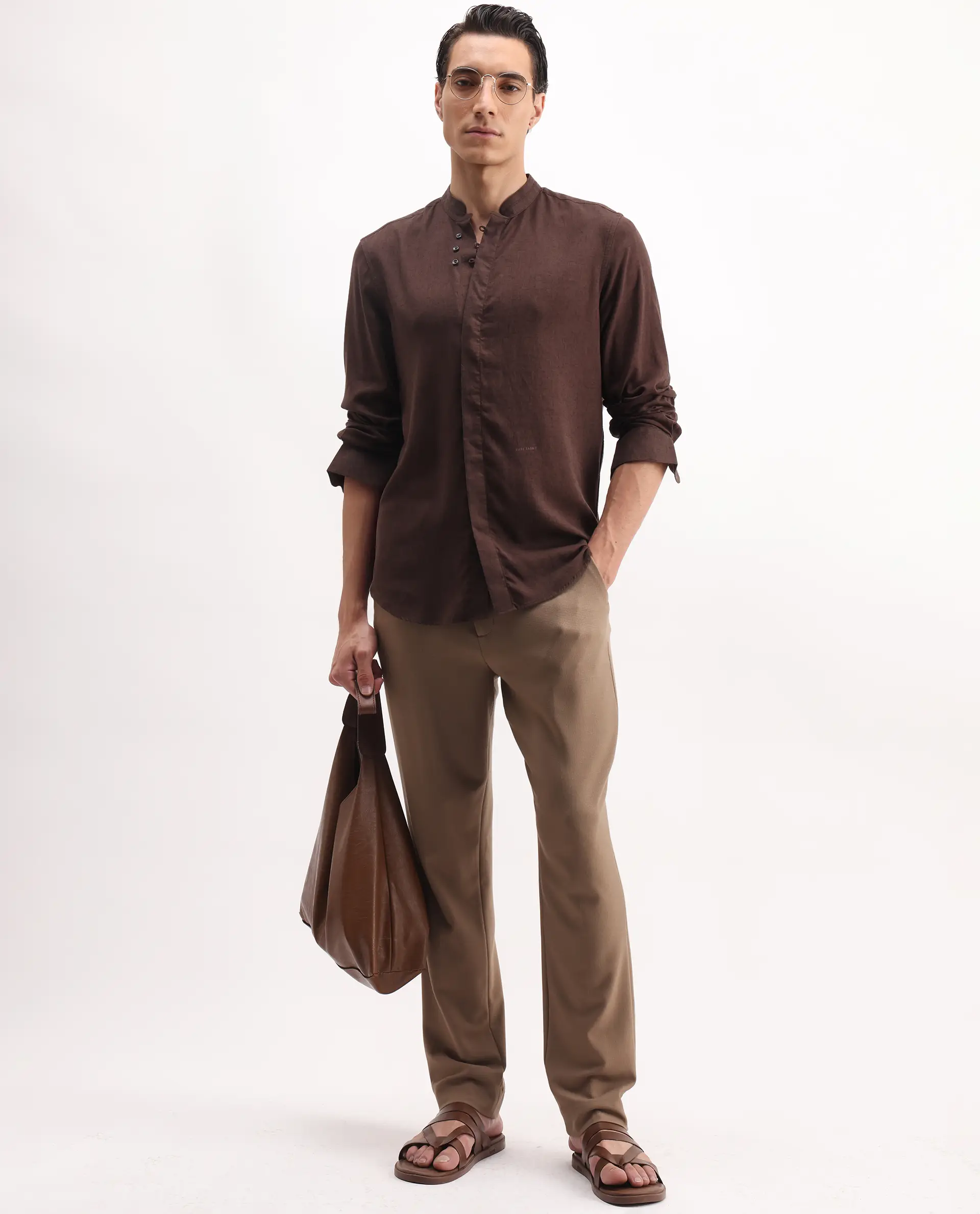 Rare Rabbit Men's Throne 25 Brown Lyocell Plain Regular Fit Full Sleeve Mandarin Collar Shirt - Image 2