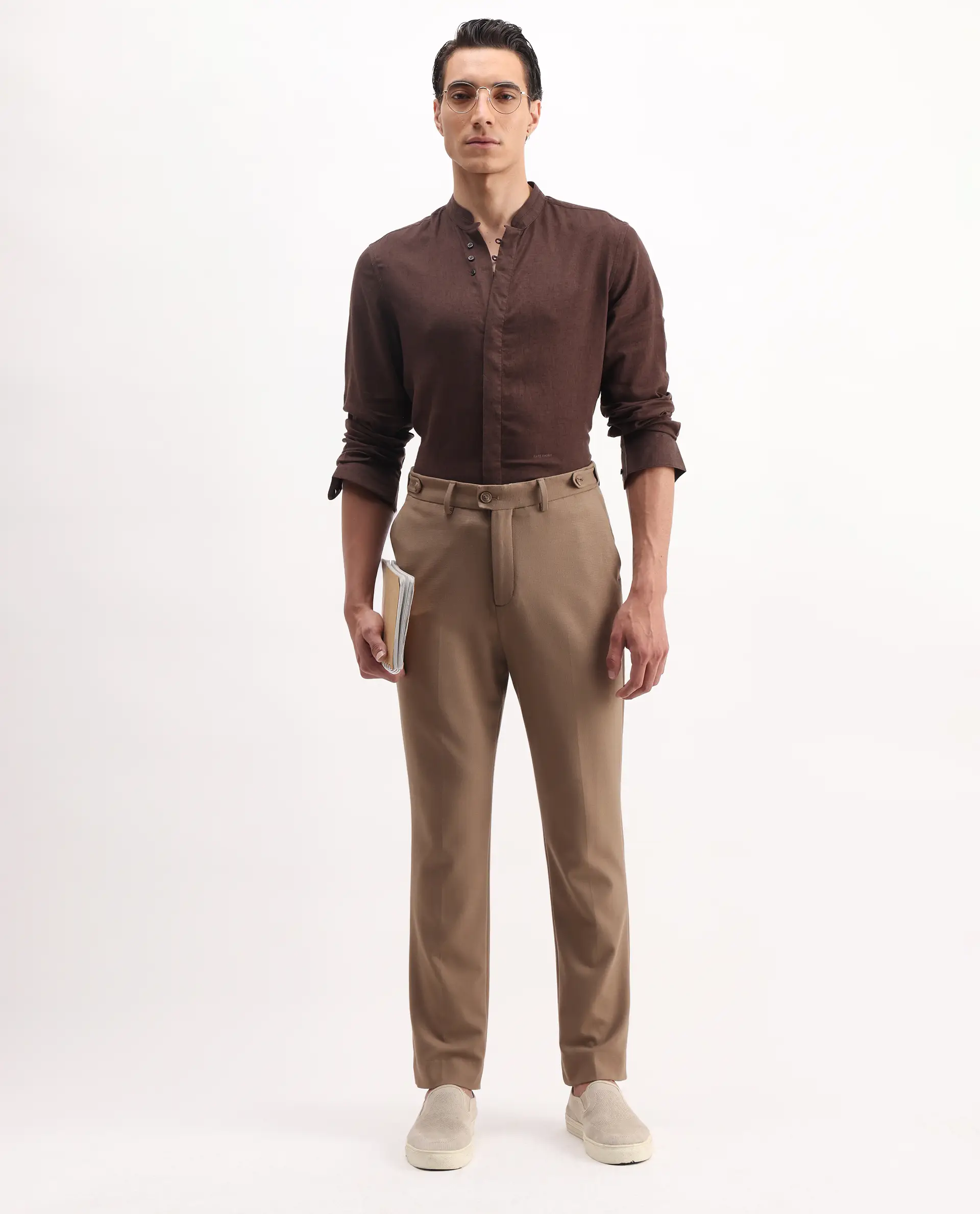 Rare Rabbit Men's Throne 25 Brown Lyocell Plain Regular Fit Full Sleeve Mandarin Collar Shirt - Image 6
