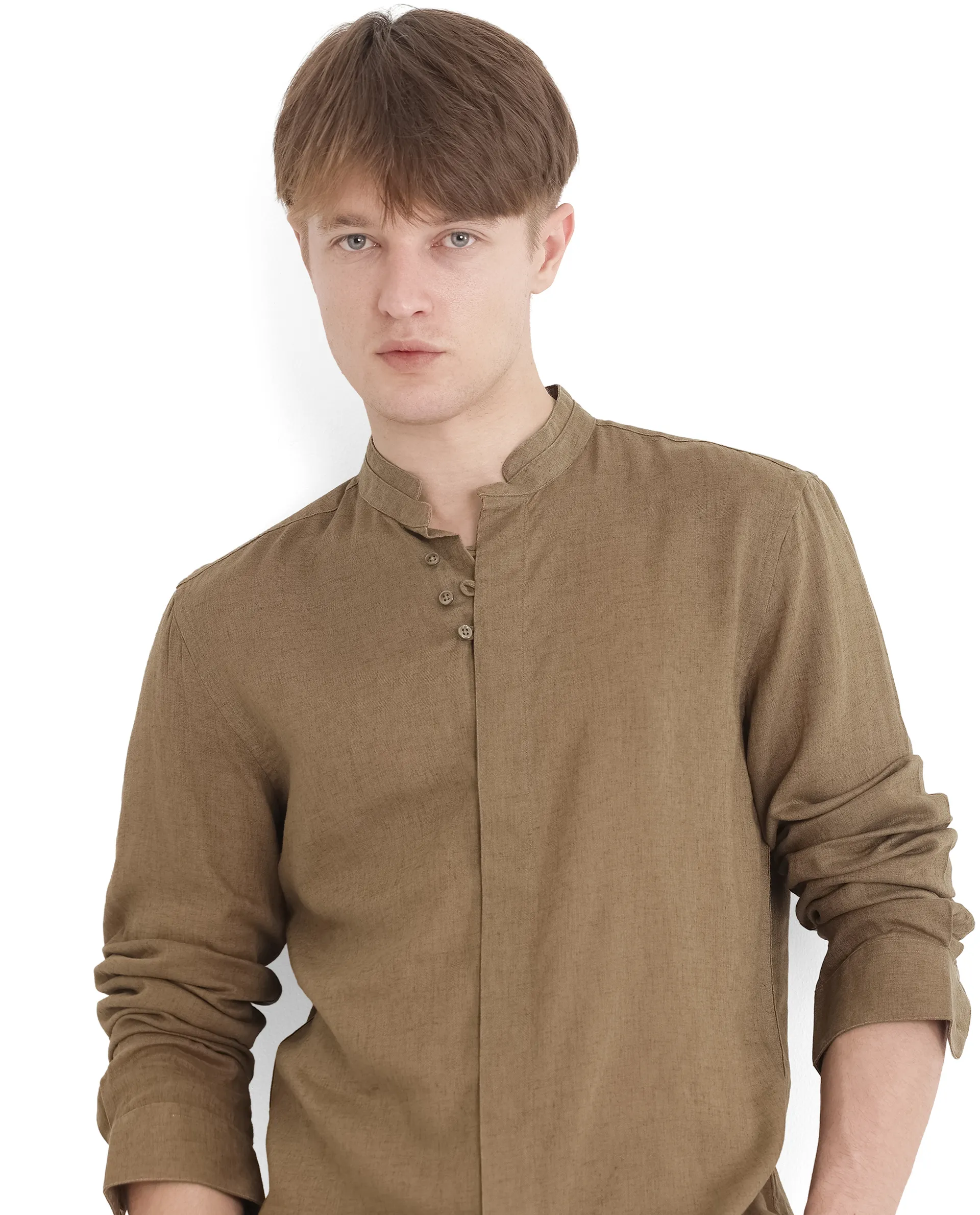 Rare Rabbit Men's Throne Ls-25 Olive Linen Blend Plain Regular Fit Full Sleeve Mandarin Collar Shirt