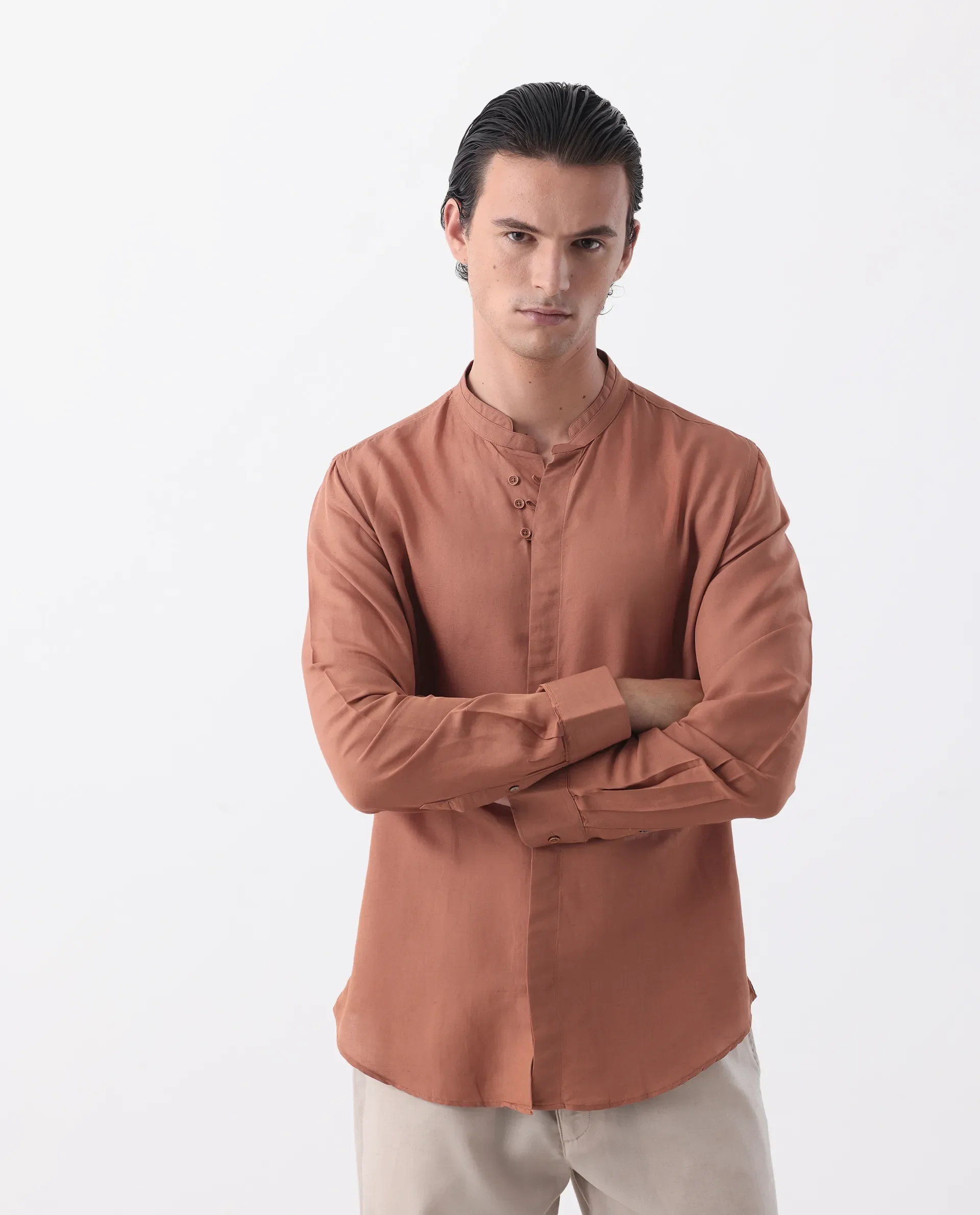 Rare Rabbit Men's Thrones Peach 100% Linen Plain Regular Fit Full Sleeve Mandarin Collar Shirt