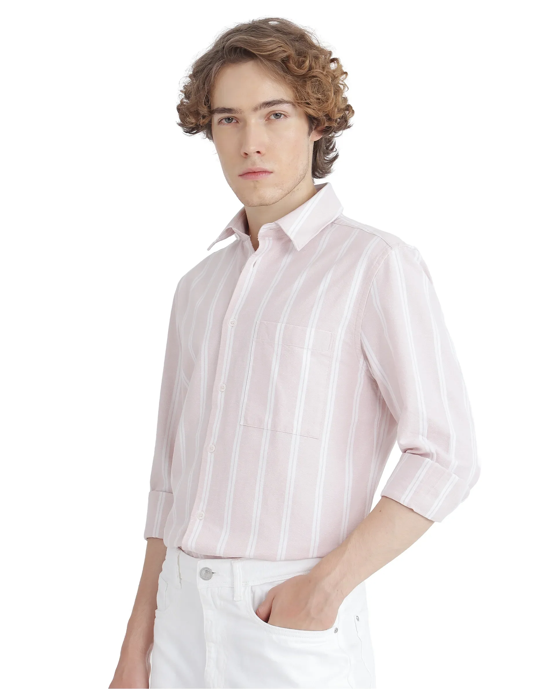 Rare Rabbit Men's Tickop Light Pink Cotton Striped Print Regular Fit Full Sleeve Collared Shirt
