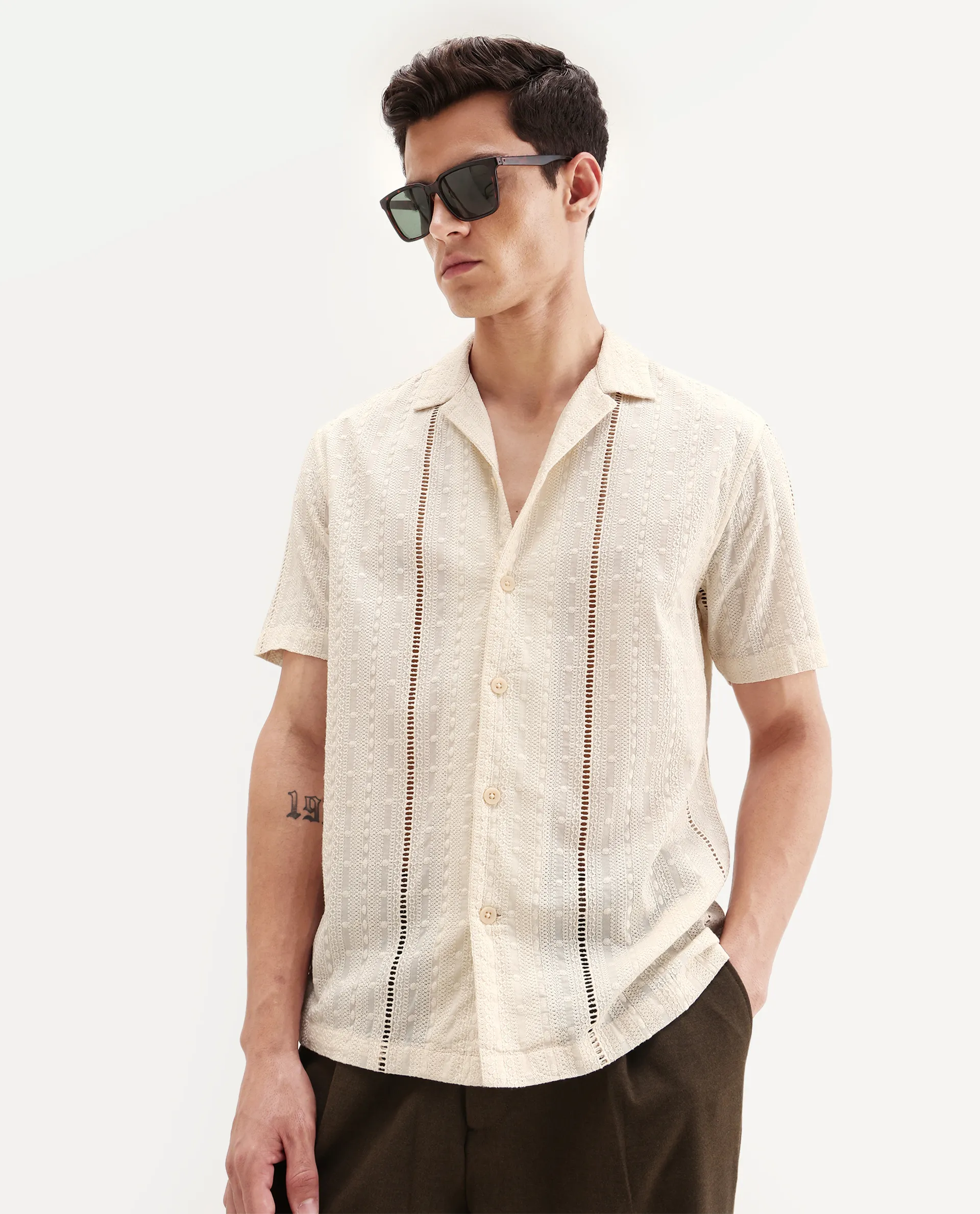 Rare Rabbit Men's Tiffy Off White Cotton Embroidered Boxy Fit Half Sleeve Cuban Collar Shirt