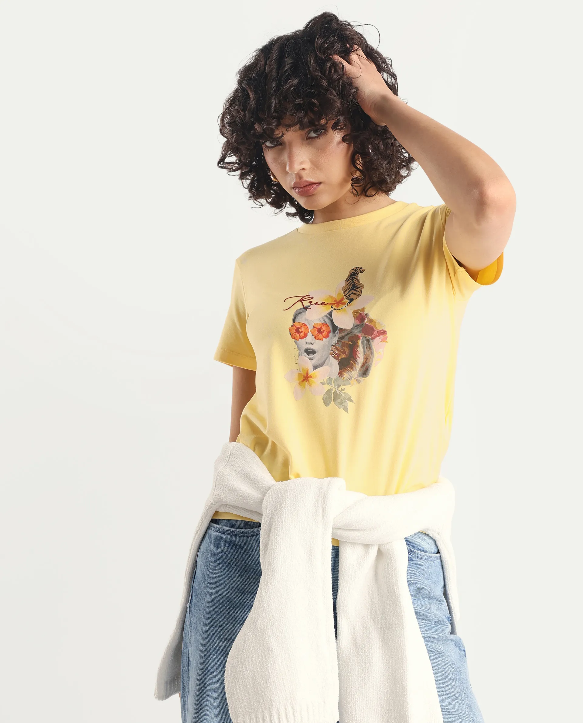 Rareism Women's Tigo Light Yellow Cotton Blend Crew Neck Graphic Print Regular Fit T-Shirt